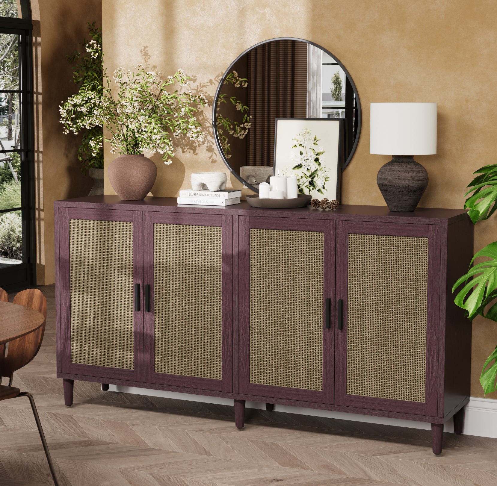 70" Rattan Buffet Cabinet with Storage, 4-Door Sideboard Buffet Cabinet with Adjustable Shelves for Kitchen, Living Room and Dining Room, Easy Assembly,Brown