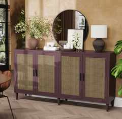 70" Rattan Buffet Cabinet with Storage, 4-Door Sideboard Buffet Cabinet with Adjustable Shelves for Kitchen, Living Room and Dining Room, Easy Assembly,Brown