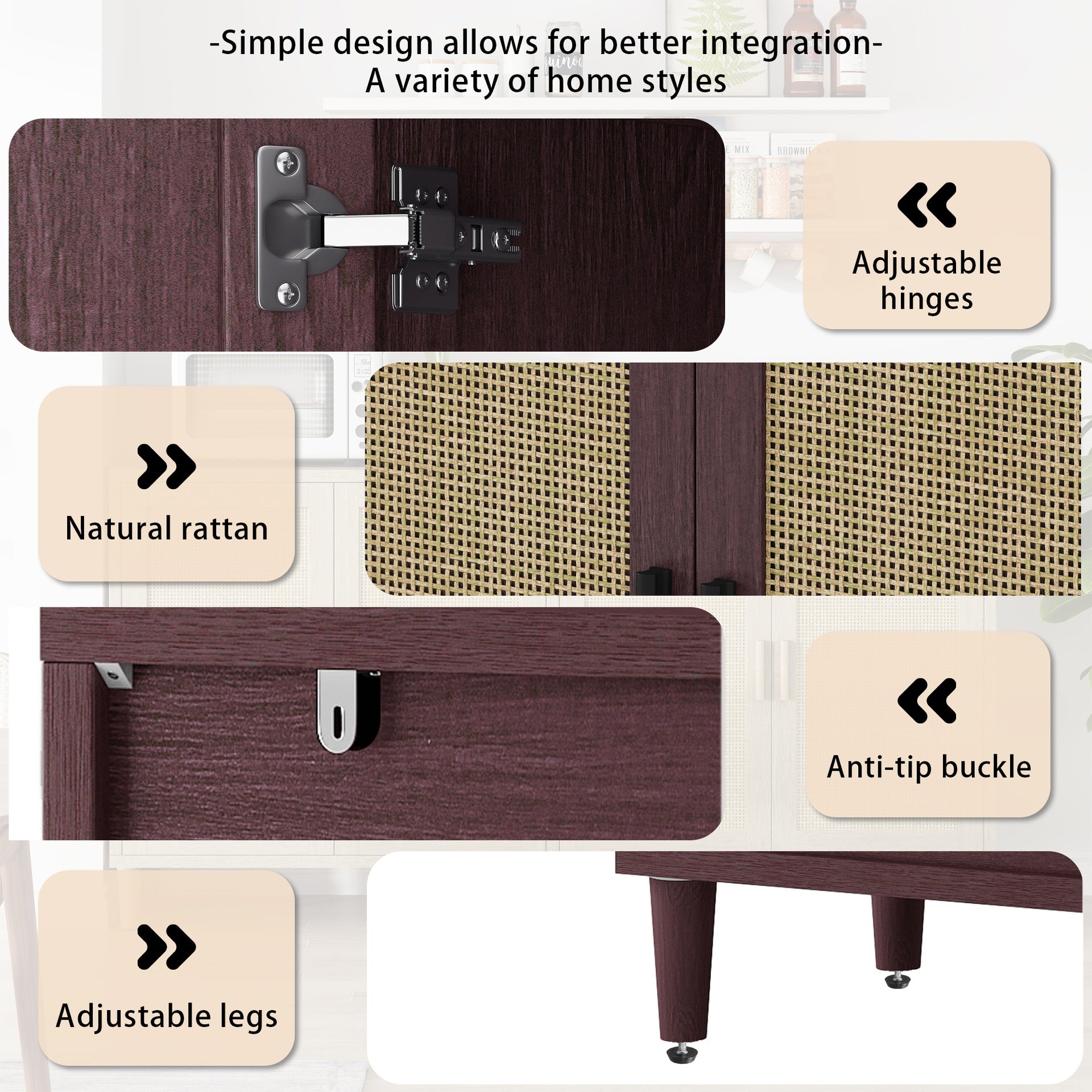 70" Rattan Buffet Cabinet with Storage, 4-Door Sideboard Buffet Cabinet with Adjustable Shelves for Kitchen, Living Room and Dining Room, Easy Assembly,Brown