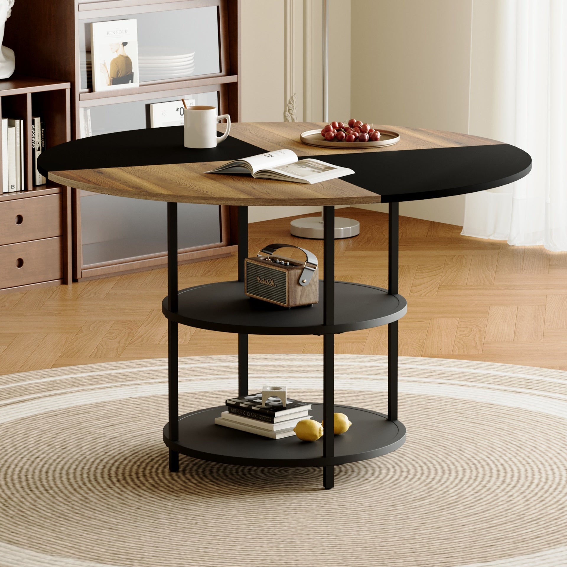 47.3-inch diameter modern splicing circular dining table - double-layer storage, wood and black fan-shaped diagonal color matching design, interpreting home aesthetics and practicality.