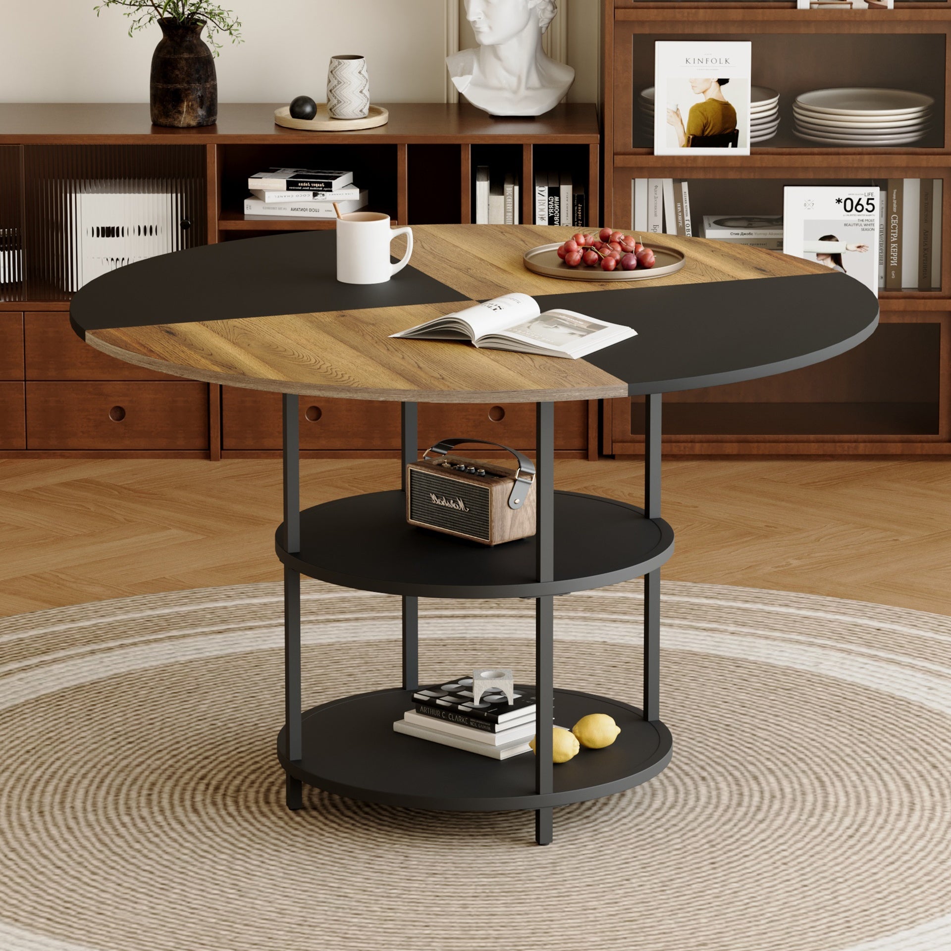 47.3-inch diameter modern splicing circular dining table - double-layer storage, wood and black fan-shaped diagonal color matching design, interpreting home aesthetics and practicality.