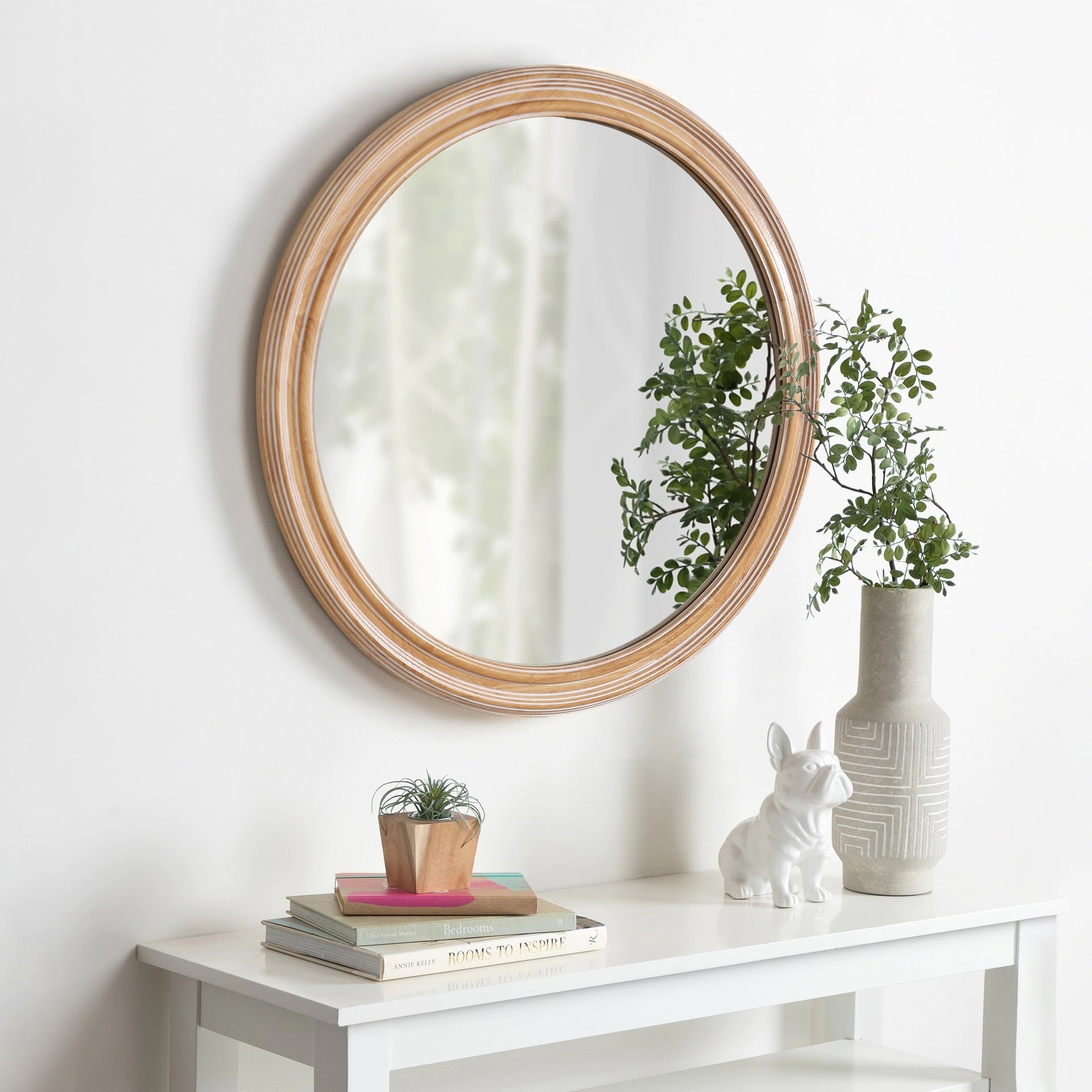 Round Wood Framed Wall Mirror with Ribbed Detail, 23.62" Natural Wooden Circle Mirror for Bathroom, Bedroom, Entryway, Coastal & Farmhouse Style Decorative Mirror