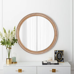 Round Wood Framed Wall Mirror with Ribbed Detail, 23.62" Natural Wooden Circle Mirror for Bathroom, Bedroom, Entryway, Coastal & Farmhouse Style Decorative Mirror