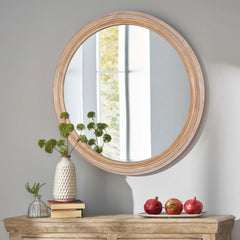 Round Wood Framed Wall Mirror with Ribbed Detail, 23.62" Natural Wooden Circle Mirror for Bathroom, Bedroom, Entryway, Coastal & Farmhouse Style Decorative Mirror