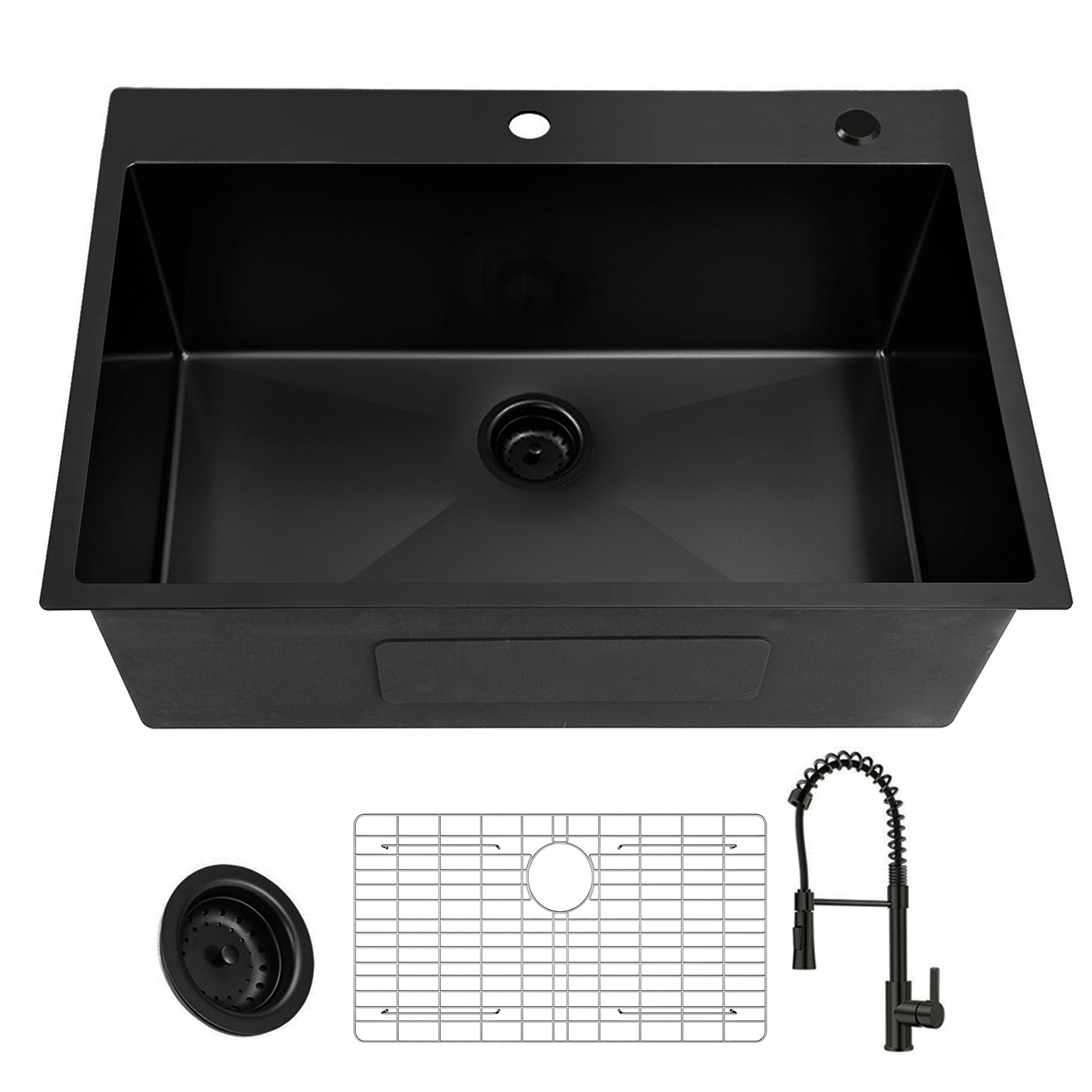 33 inch Drop-in Single Bowl Kitchen Sink, 18 Gauge Black Stainless Steel Kitchen Sink, Handmade Topmount Sink with Black Pull Out Spring Neck Faucet