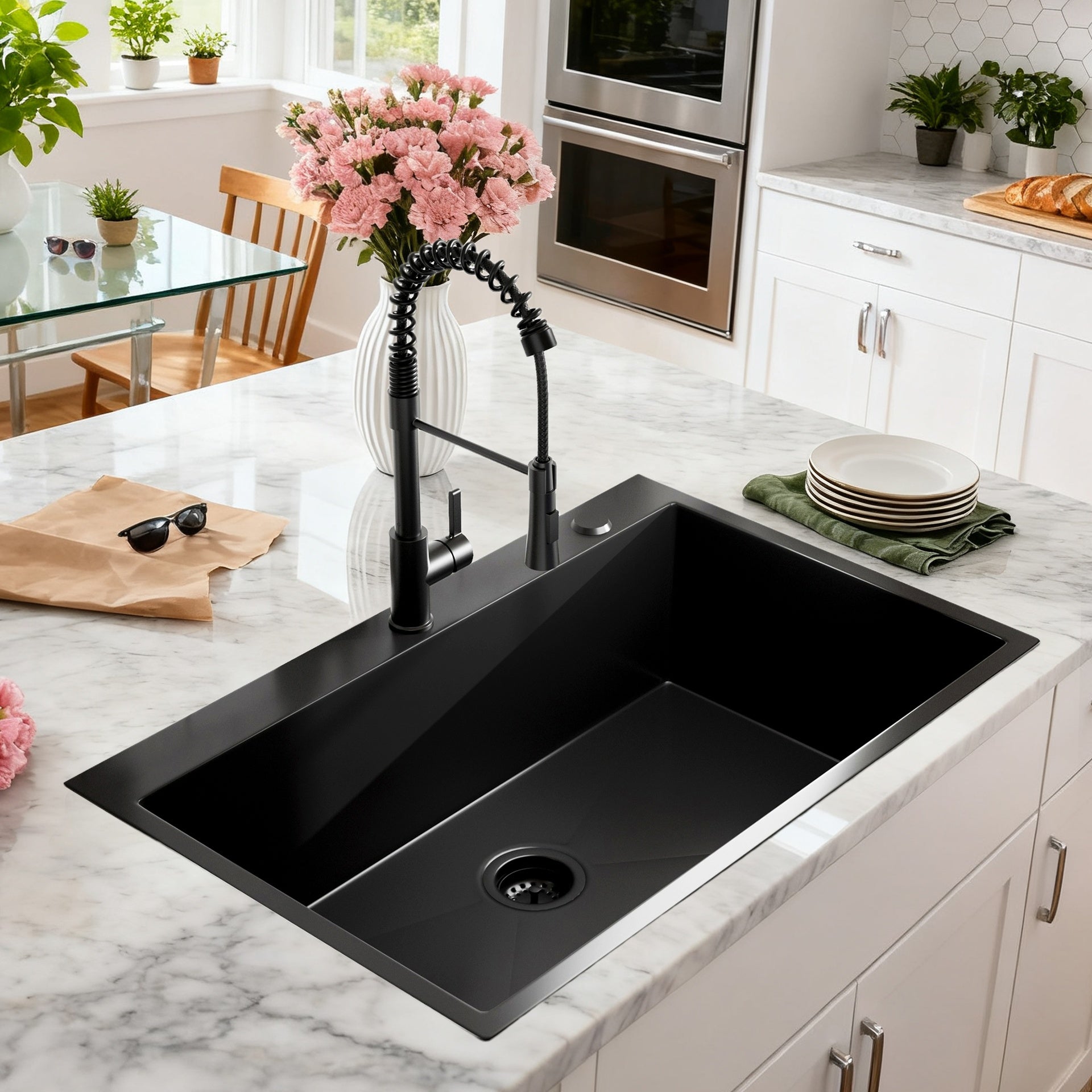 33 inch Drop-in Single Bowl Kitchen Sink, 18 Gauge Black Stainless Steel Kitchen Sink, Handmade Topmount Sink with Black Pull Out Spring Neck Faucet