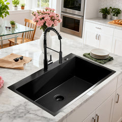 33 inch Drop-in Single Bowl Kitchen Sink, 18 Gauge Black Stainless Steel Kitchen Sink, Handmade Topmount Sink with Black Pull Out Spring Neck Faucet