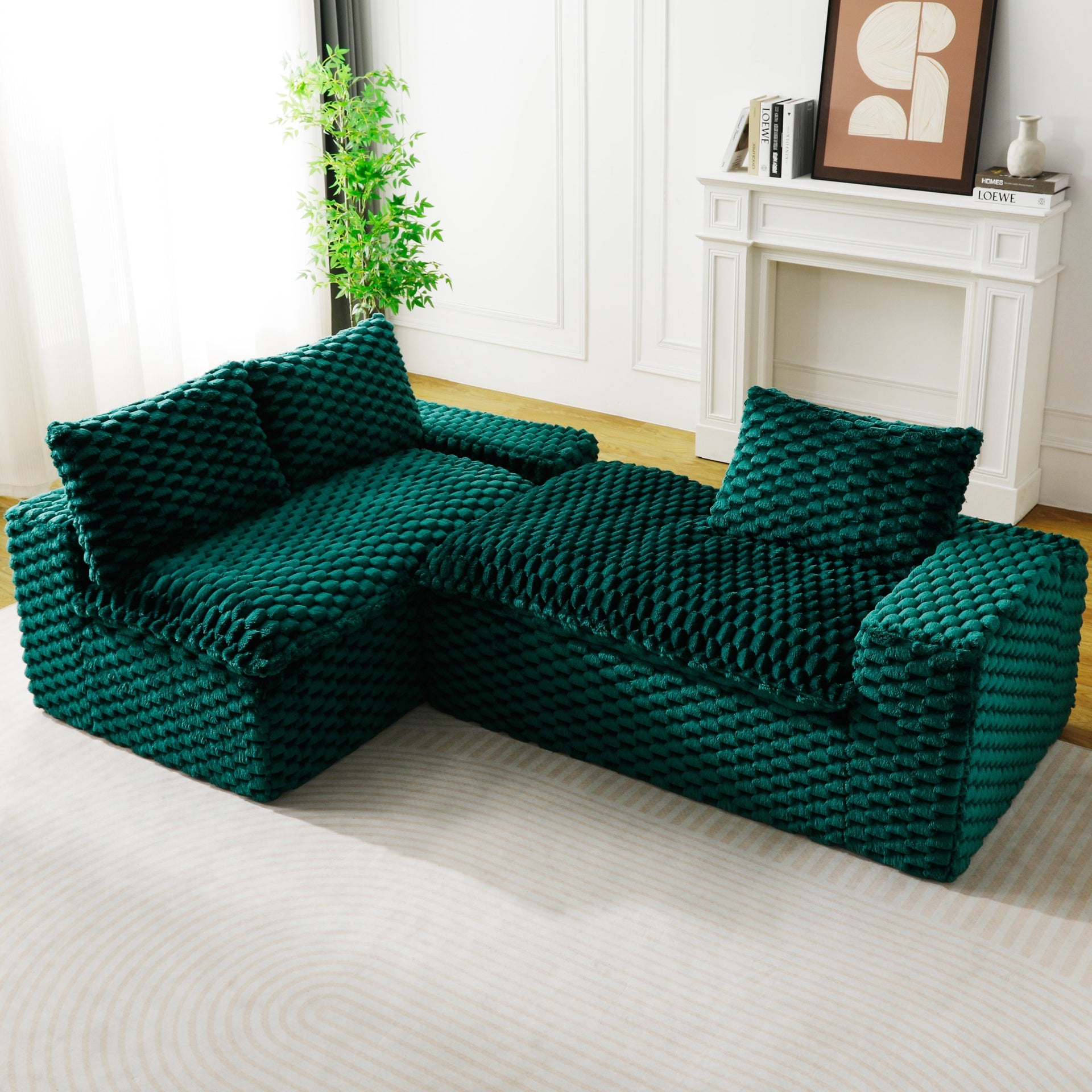 Green Turtle Velvet Versatile Sofa: Convertible Twin-Seat with Left Chaise Lounge (Left Sectional Chaise), Featuring Face-to-Face Seating, Switchable Between L-Shape and Straight Shape