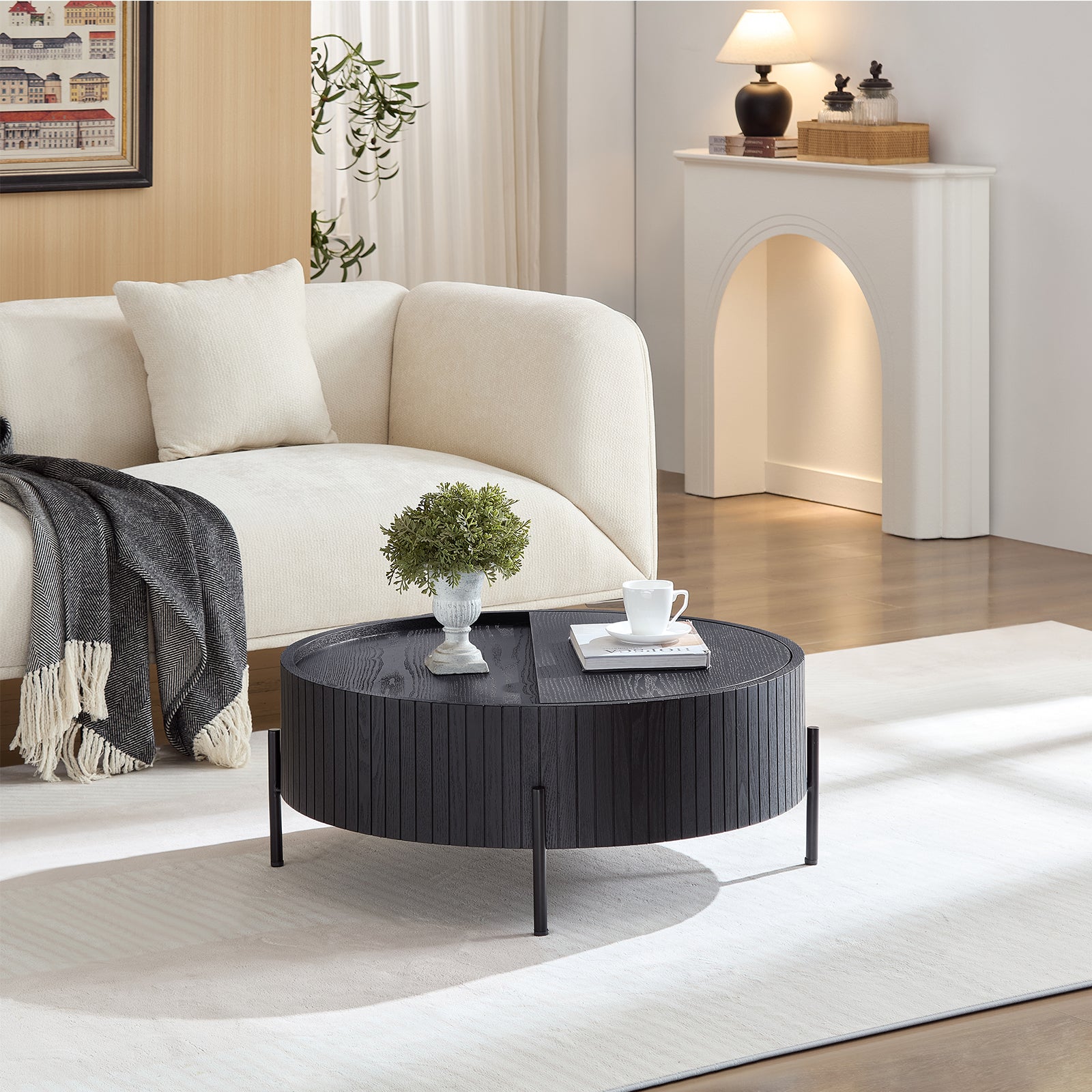 Round Coffee Table with Storage Modern Accent Tea Table for Bedroom Living Room Office Apartment