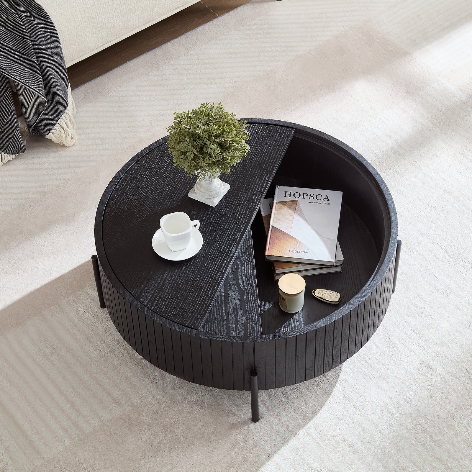 Round Coffee Table with Storage Modern Accent Tea Table for Bedroom Living Room Office Apartment
