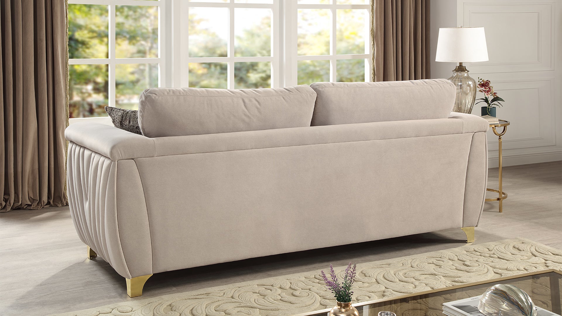 Leena Contemporary Style Upholstery Sofa Made with Wood in Gold accent & Beige