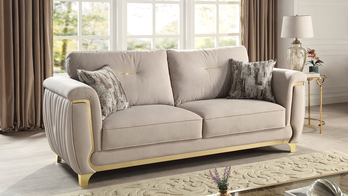 Leena Contemporary Style Upholstery Sofa Made with Wood in Gold accent & Beige
