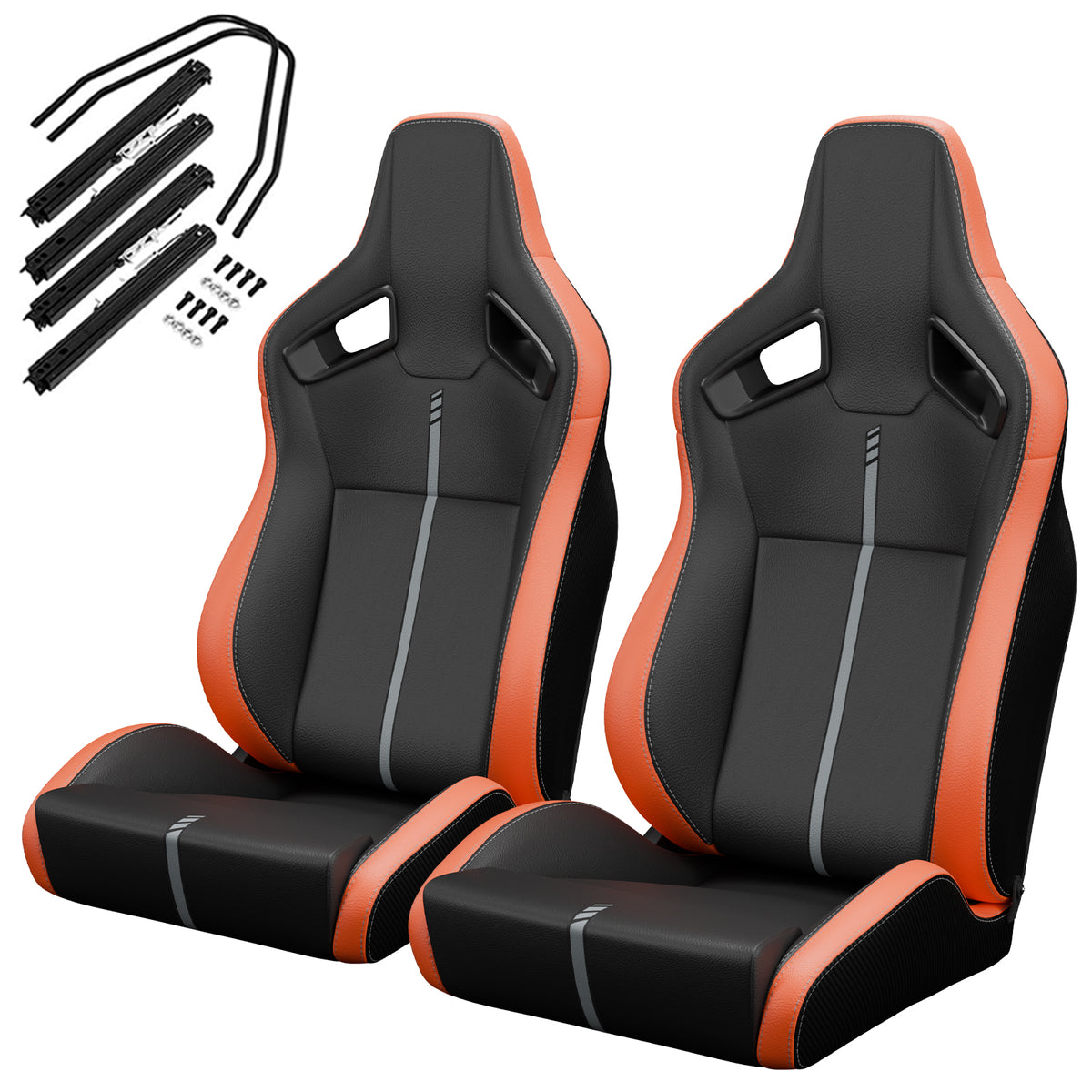2PC New Universal Bucket Racing Seats Stitch Orange PVC Leather Reclinable Carbon Look Leather With Adjustor Slider(Not Including Seat Bracket ) 1 box of 2 pieces