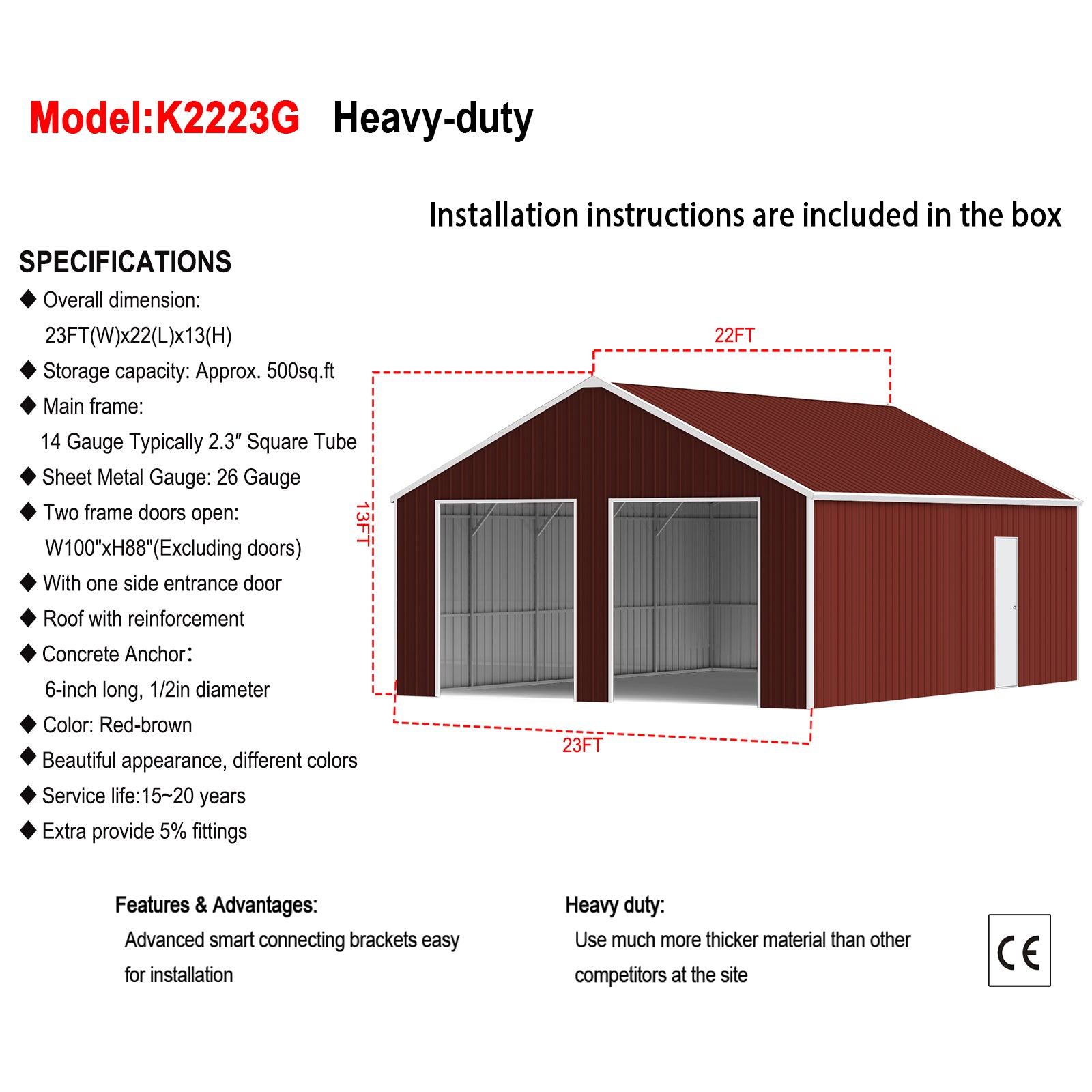 22FT x 23 FT Double Garage Steel Barn Shed – Red-Brown Heavy Duty Metal Garage Storage Shed - The customer must have unloading capabilities, such as a forklift or crane