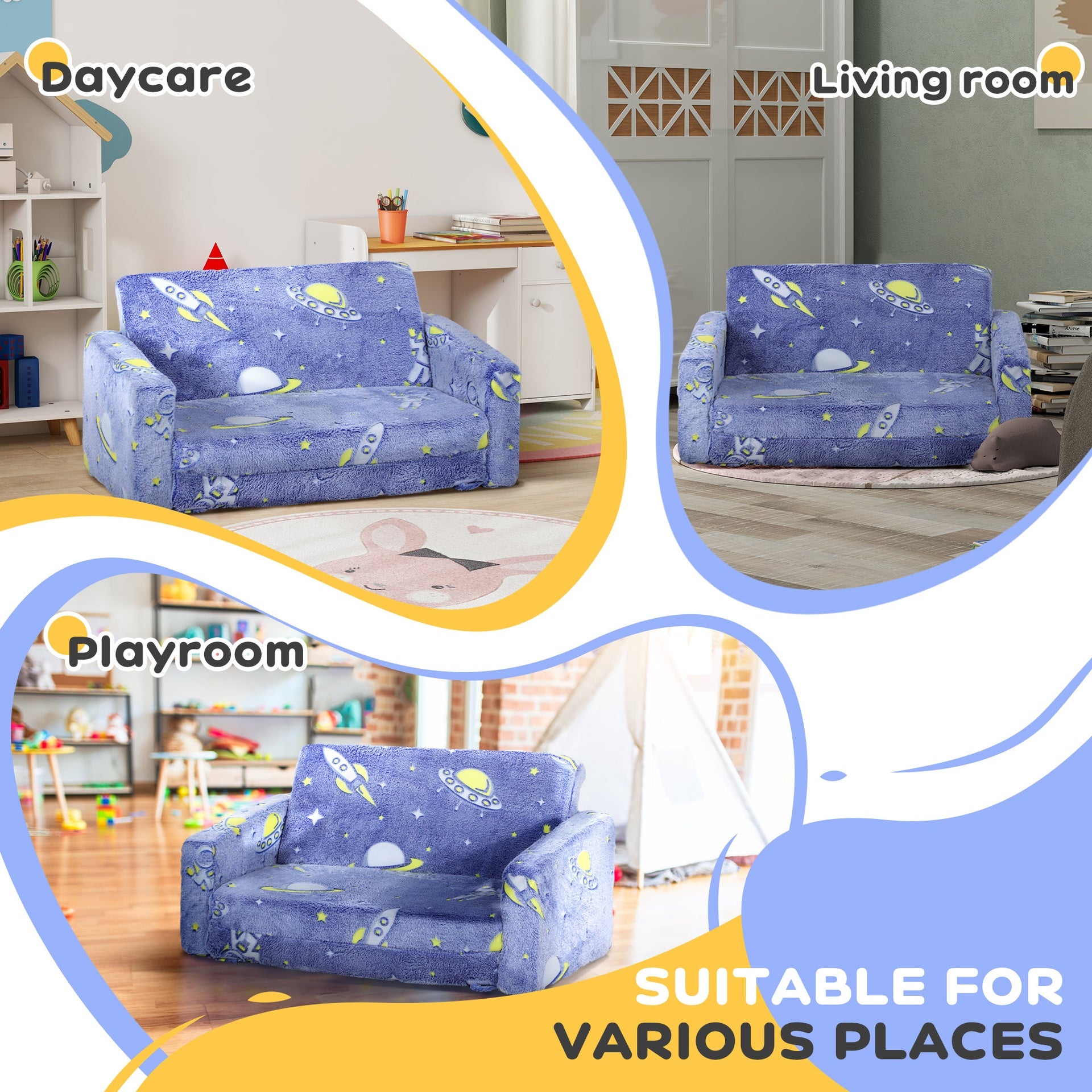 Qaba Kids Sofa Chair, Toddler Sofa with Glow in the Dark Star Design & Wooden Frame, Upholstered Baby Sofa for 18-36 Months for Bedroom, Livingroom, Playroom, Kid Room, Blue