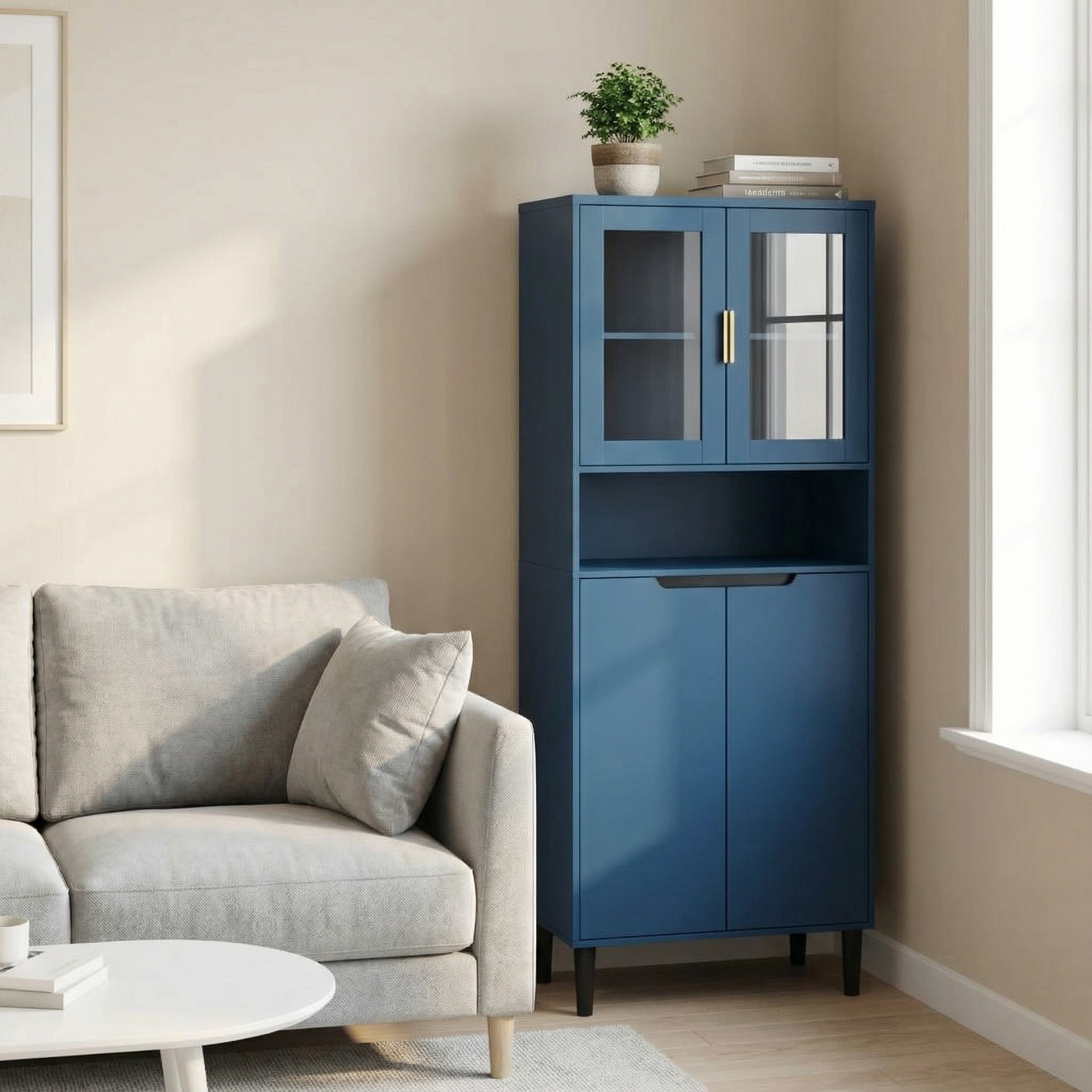 Tempered Glass Door Tall Storage Bookcase with adjustable board, 4 doors MDF painting finished cabinet, Navy Blue, Living room Bedroom storage