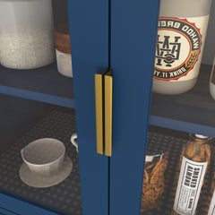 Tempered Glass Door Tall Storage Bookcase with adjustable board, 4 doors MDF painting finished cabinet, Navy Blue, Living room Bedroom storage
