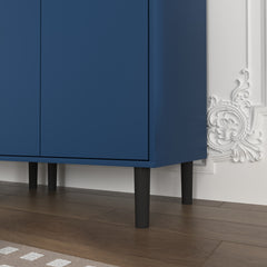 Tempered Glass Door Tall Storage Bookcase with adjustable board, 4 doors MDF painting finished cabinet, Navy Blue, Living room Bedroom storage