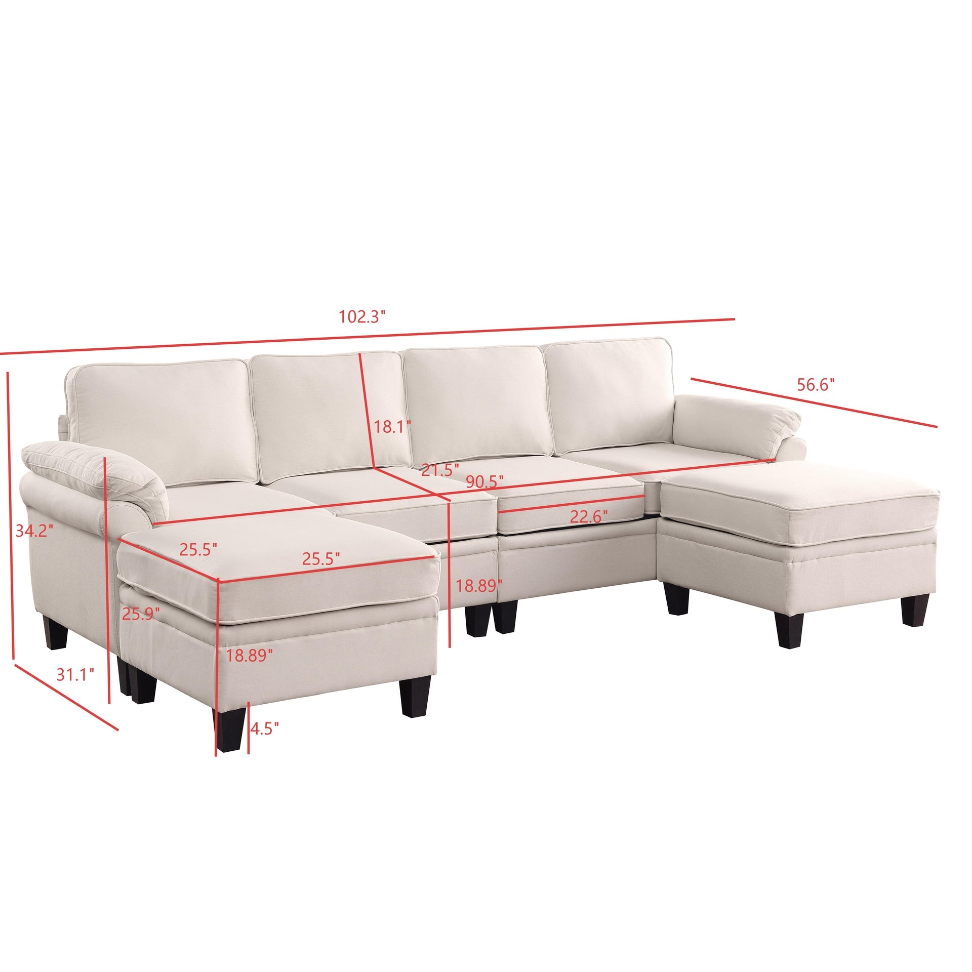 102 Inch Beige  linen fabric modular combination sofa, L-shaped cloud sofa with storage space under the sofa, DIY combination for living room use