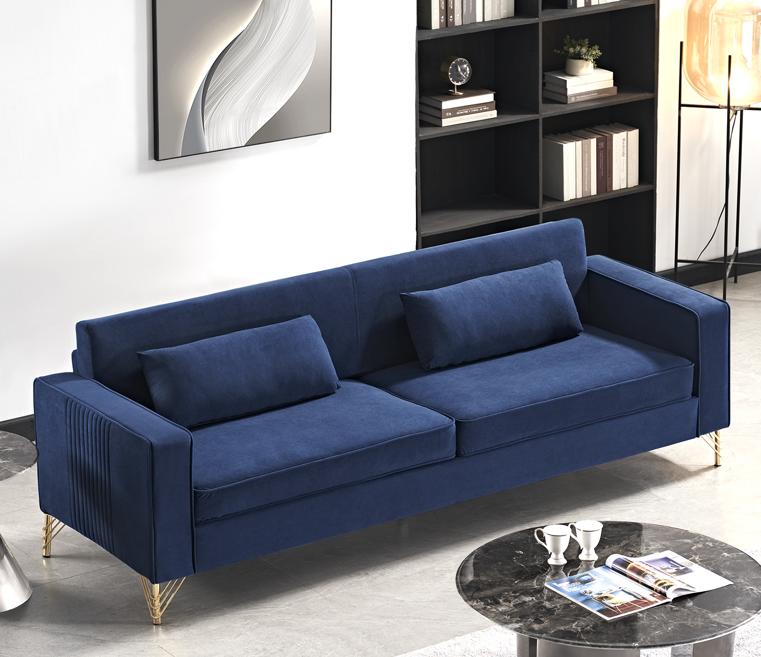 Aesthetic 85.8" Velvet Sofas for Living Room, 3 Seater Couch with Classic Modern Appeal and Luxurious Soft Comfort, Easy to Maintain, Blue