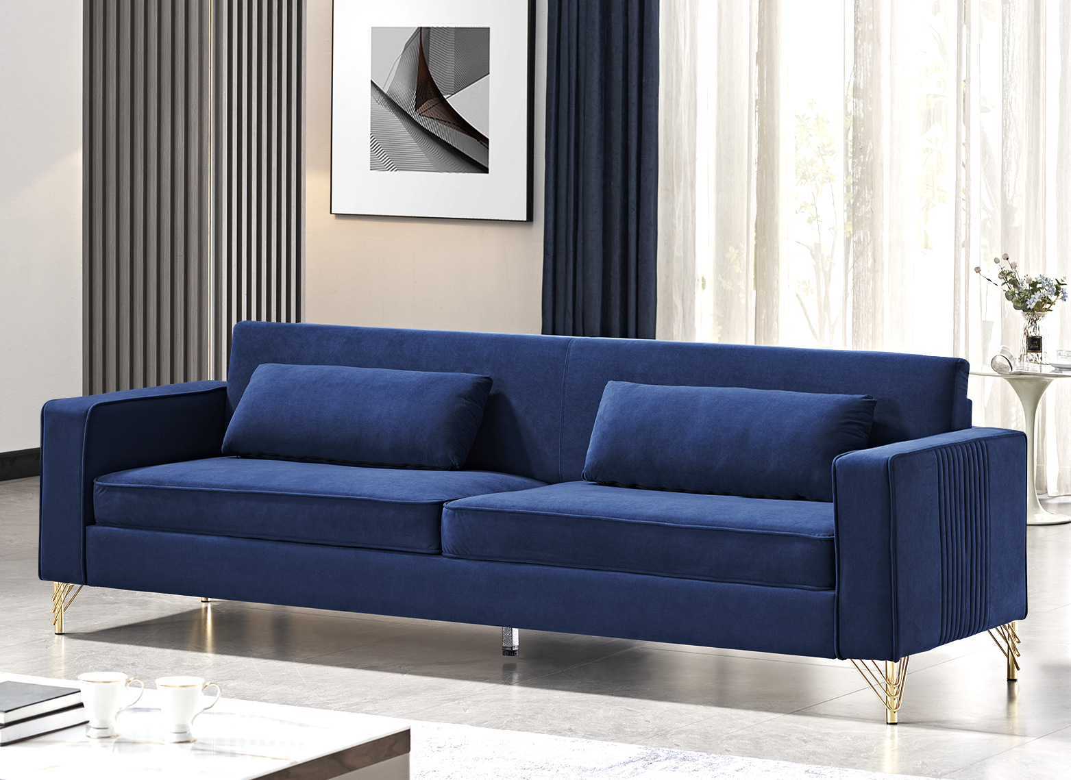 Aesthetic 85.8" Velvet Sofas for Living Room, 3 Seater Couch with Classic Modern Appeal and Luxurious Soft Comfort, Easy to Maintain, Blue
