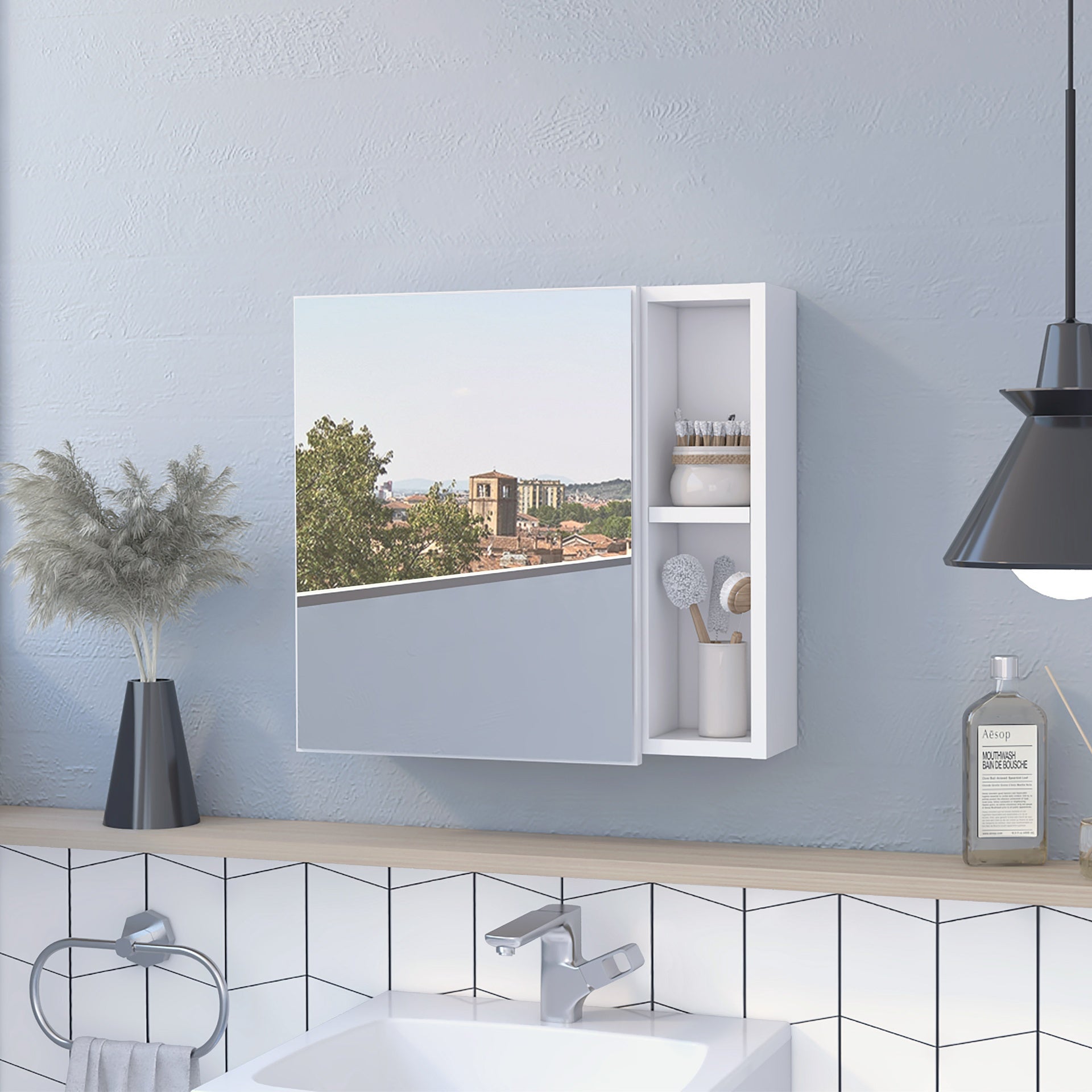 Oman Medicine Cabinet, Three Internal Shelves, Single Door, Two External Shelves -White