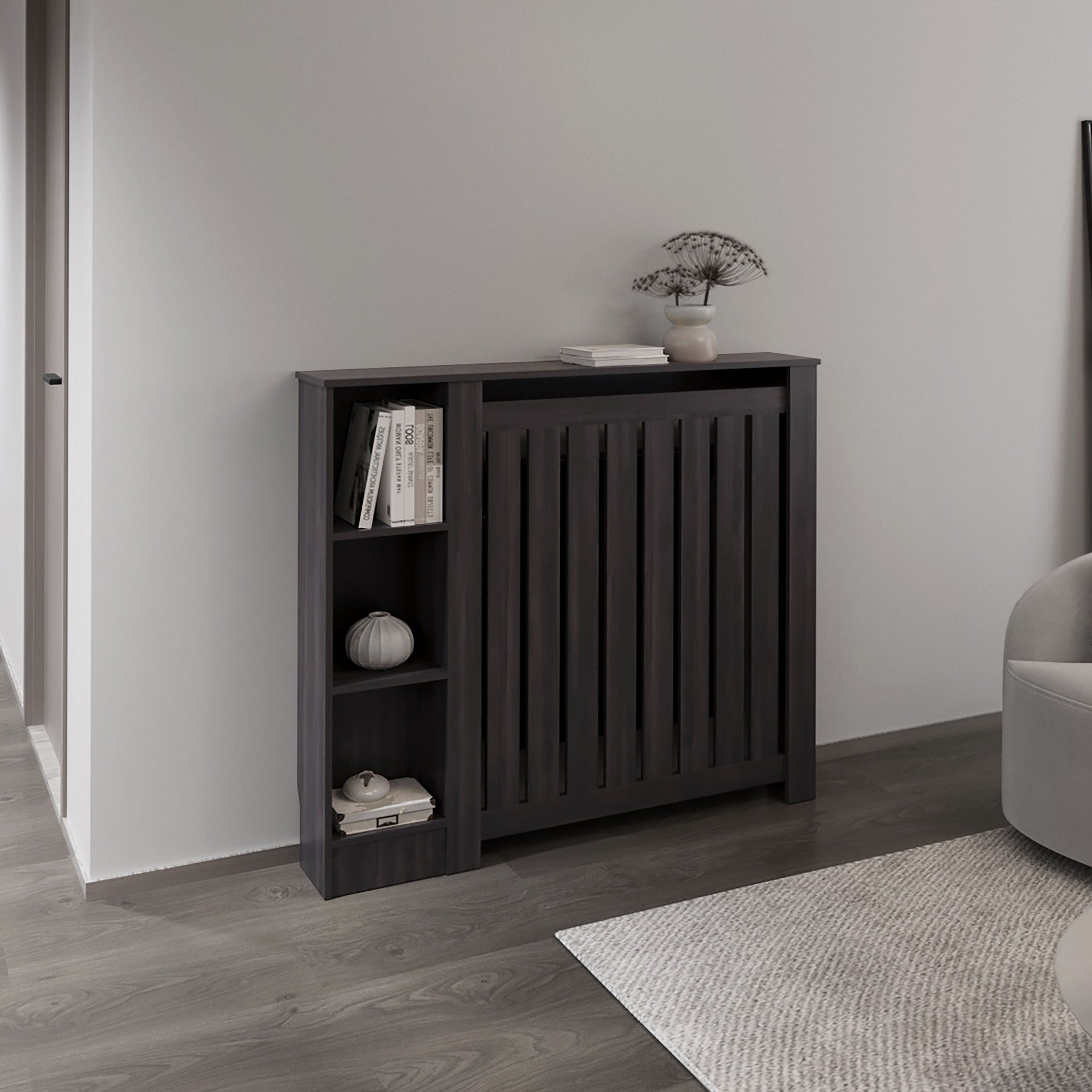 Radiator Cover Cabinet Joseph with Slatted Frame and 3 Shelves, Decorative Heater Cover, Modern Furniture Accent, Walnaut