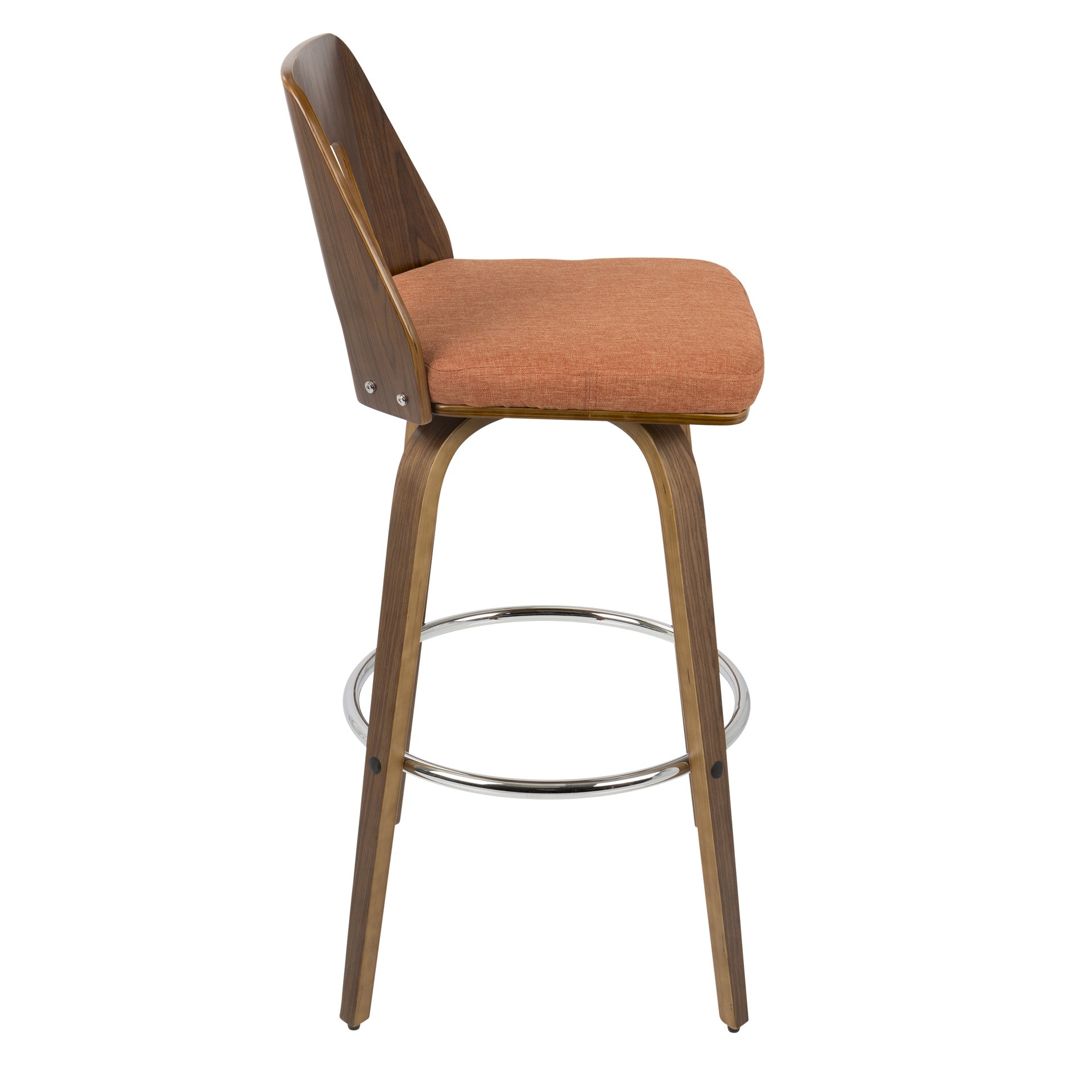 Trilogy Mid-Century Modern Barstool in Walnut and Orange Fabric by LumiSource - Set of 2