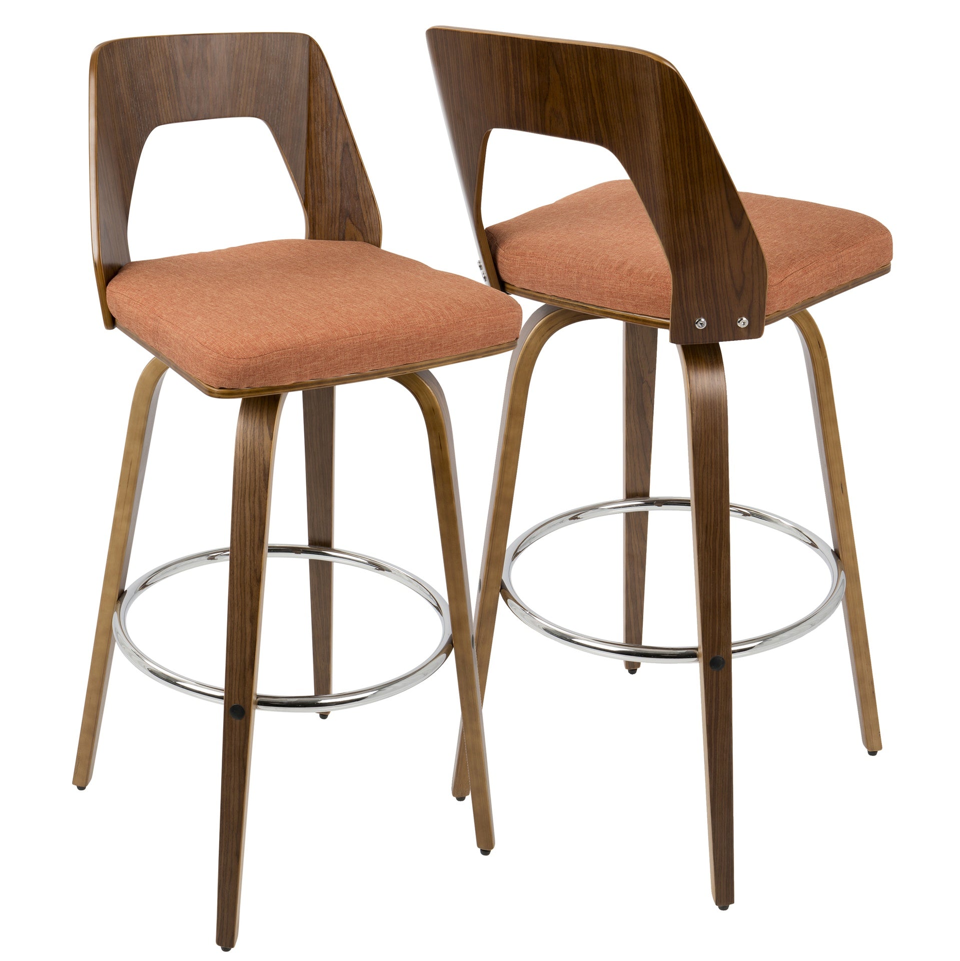 Trilogy Mid-Century Modern Barstool in Walnut and Orange Fabric by LumiSource - Set of 2