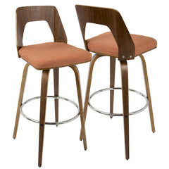 Trilogy Mid-Century Modern Barstool in Walnut and Orange Fabric by LumiSource - Set of 2