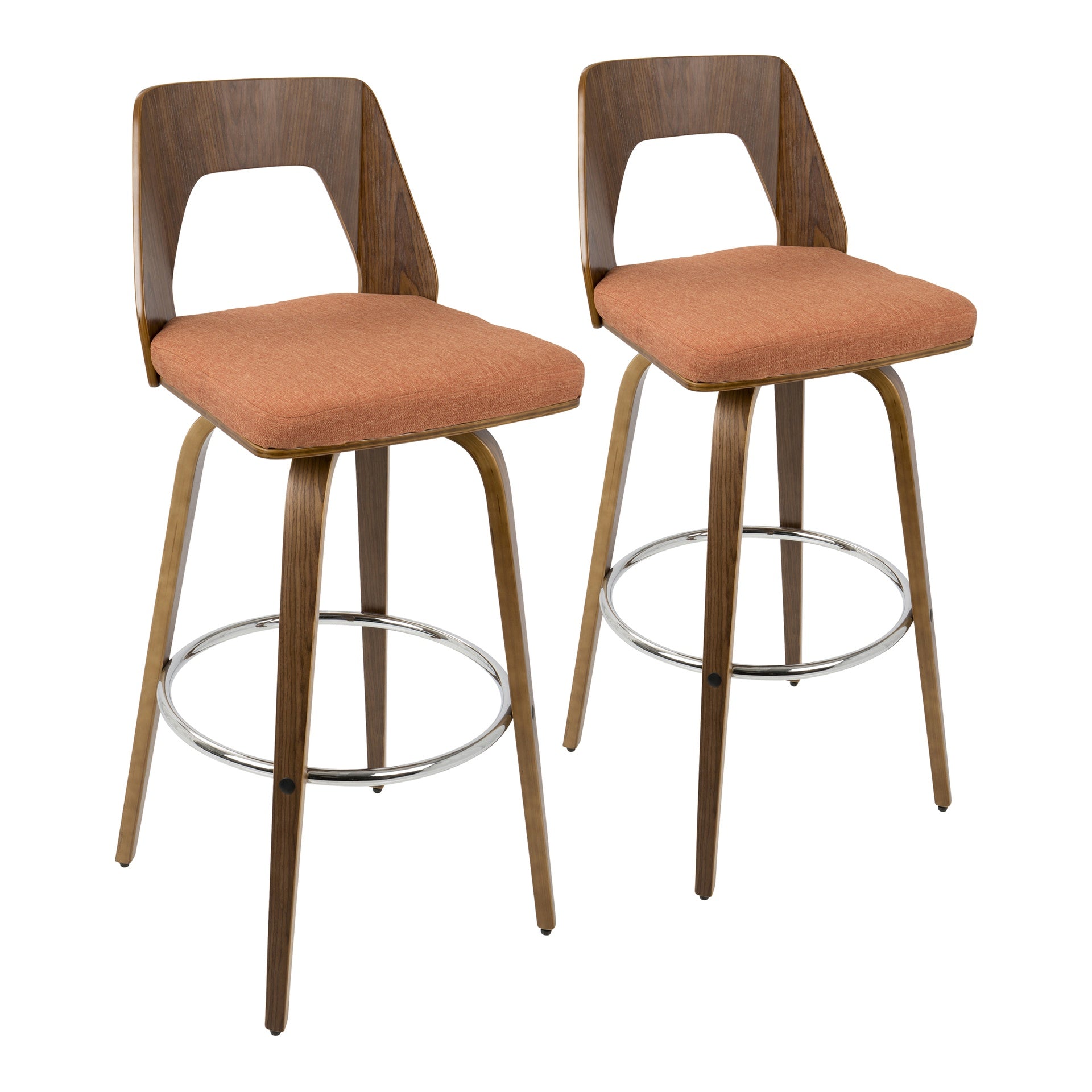 Trilogy Mid-Century Modern Barstool in Walnut and Orange Fabric by LumiSource - Set of 2
