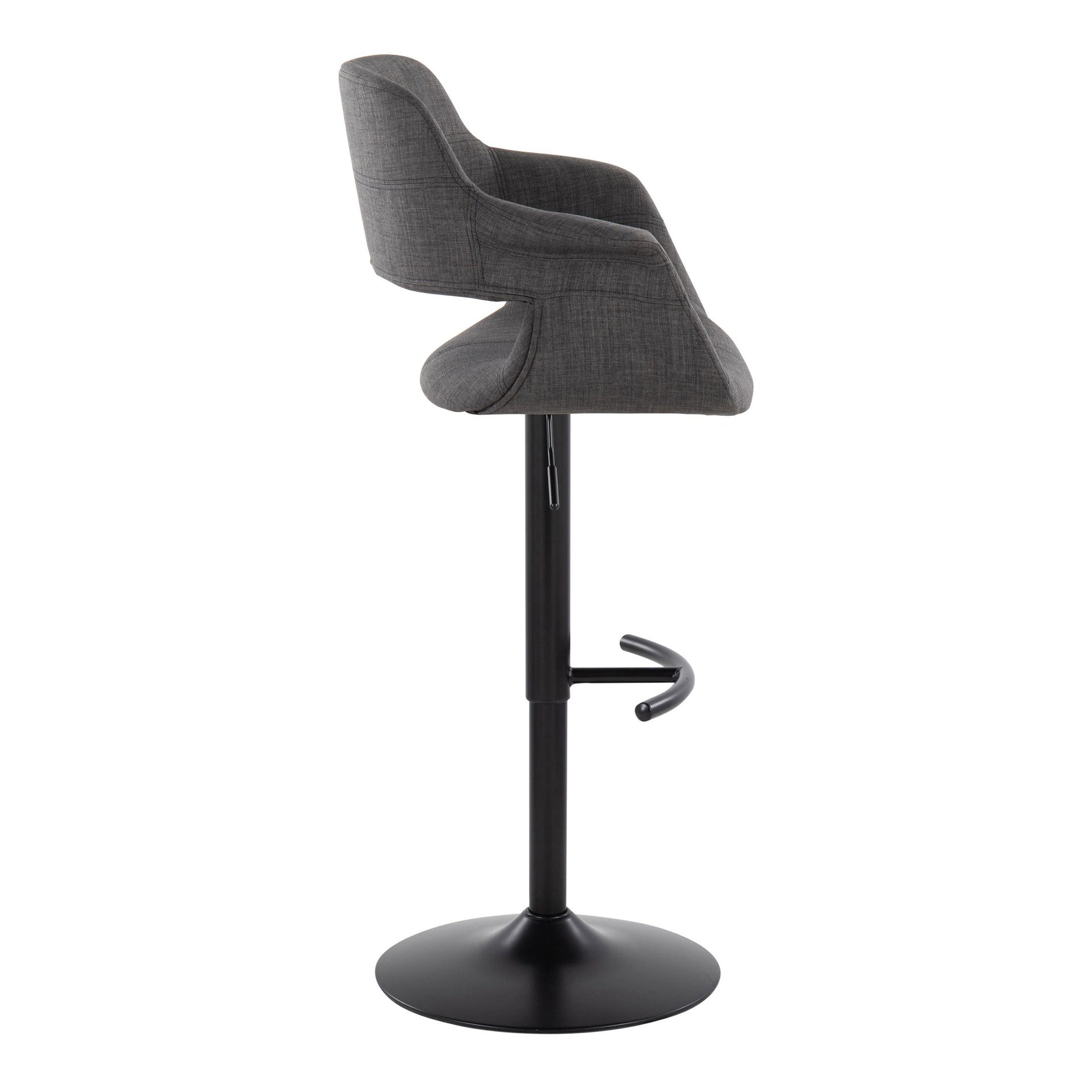 Vintage Flair Mid-Century Modern Adjustable Barstool with Swivel in Black Metal and Charcoal Fabric with Rounded "T" Footrest by LumiSource - Set of 2