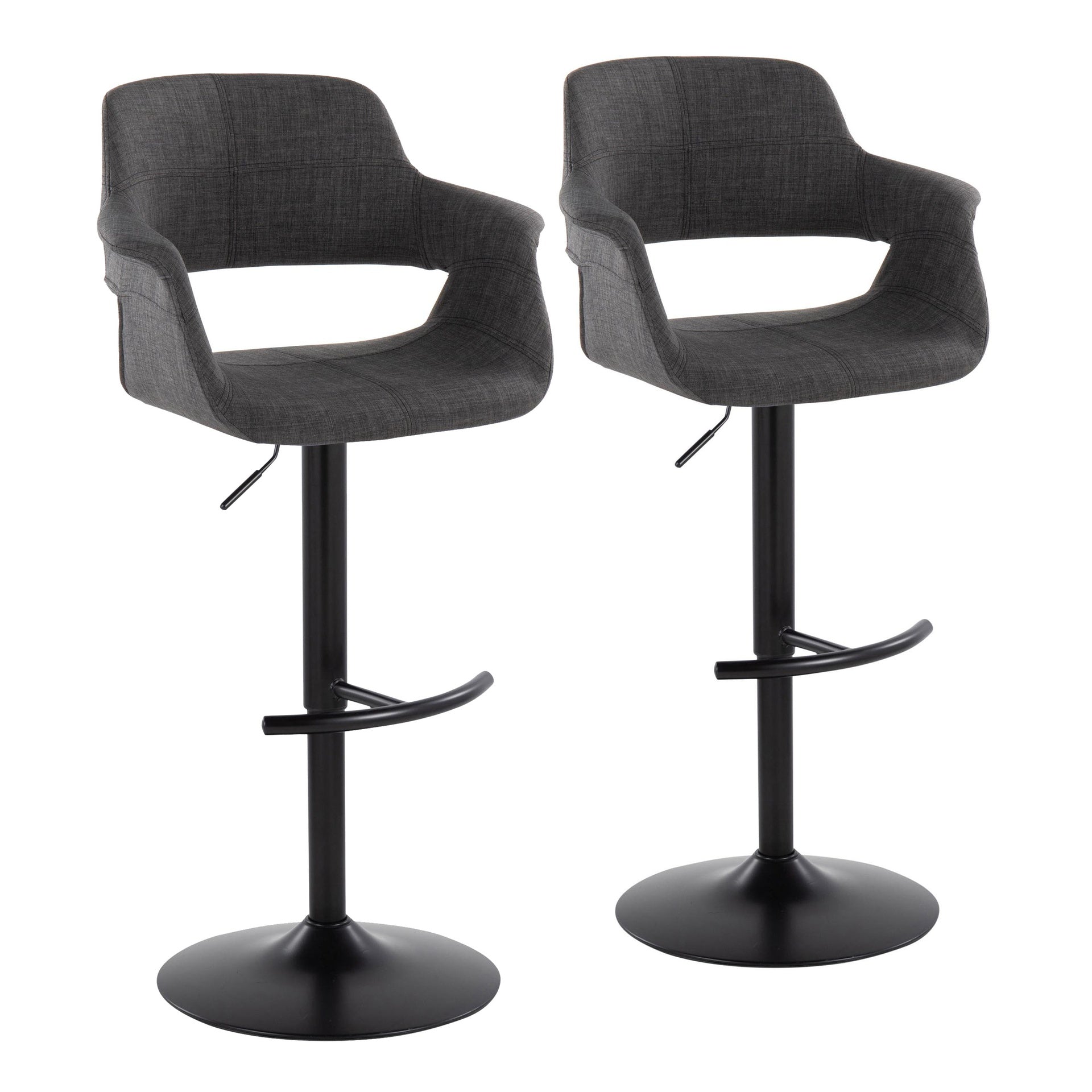 Vintage Flair Mid-Century Modern Adjustable Barstool with Swivel in Black Metal and Charcoal Fabric with Rounded "T" Footrest by LumiSource - Set of 2