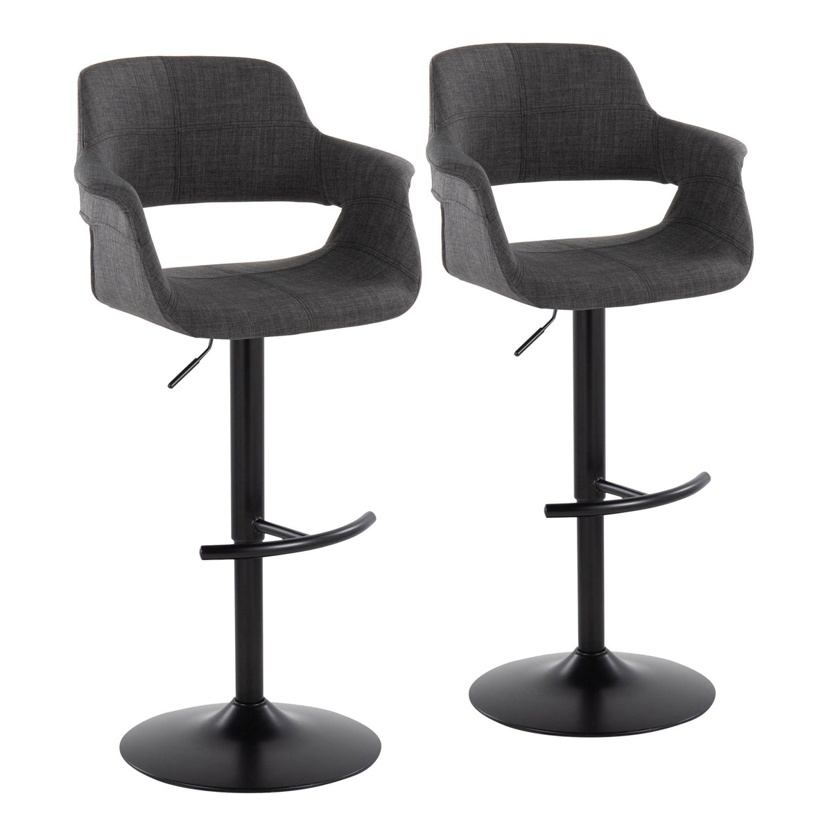 Vintage Flair Mid-Century Modern Adjustable Barstool with Swivel in Black Metal and Charcoal Fabric with Rounded "T" Footrest by LumiSource - Set of 2