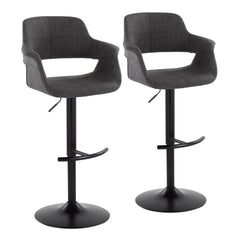 Vintage Flair Mid-Century Modern Adjustable Barstool with Swivel in Black Metal and Charcoal Fabric with Rounded "T" Footrest by LumiSource - Set of 2