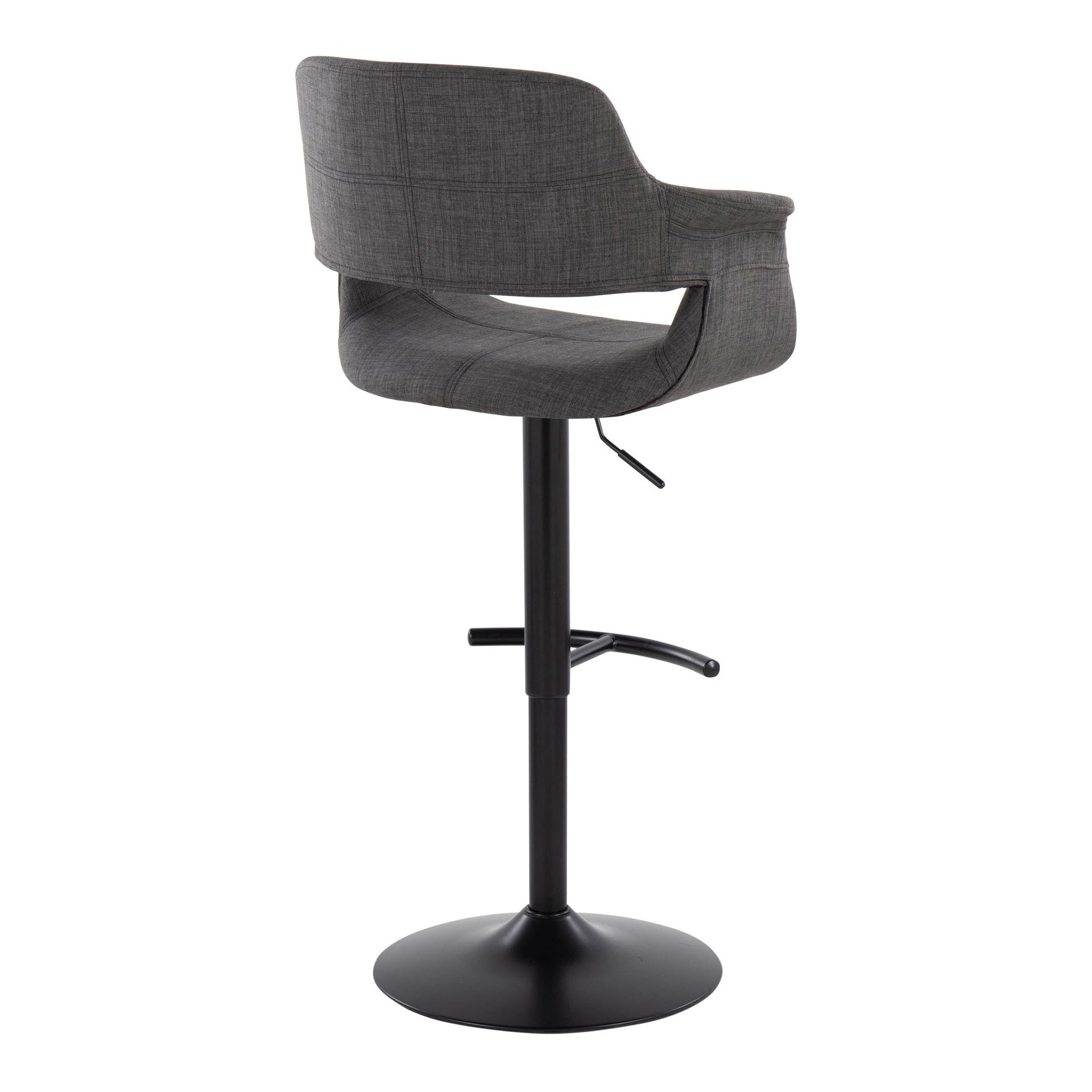Vintage Flair Mid-Century Modern Adjustable Barstool with Swivel in Black Metal and Charcoal Fabric with Rounded "T" Footrest by LumiSource - Set of 2