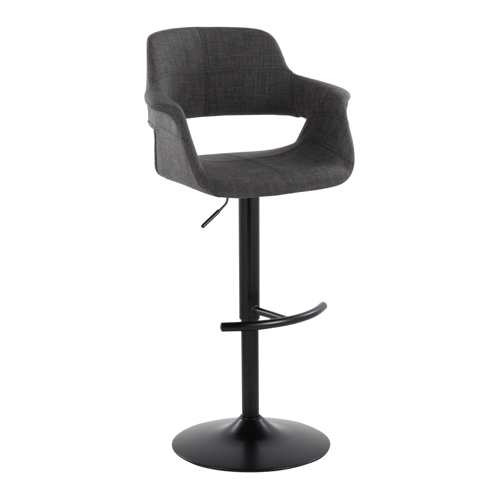 Vintage Flair Mid-Century Modern Adjustable Barstool with Swivel in Black Metal and Charcoal Fabric with Rounded "T" Footrest by LumiSource - Set of 2