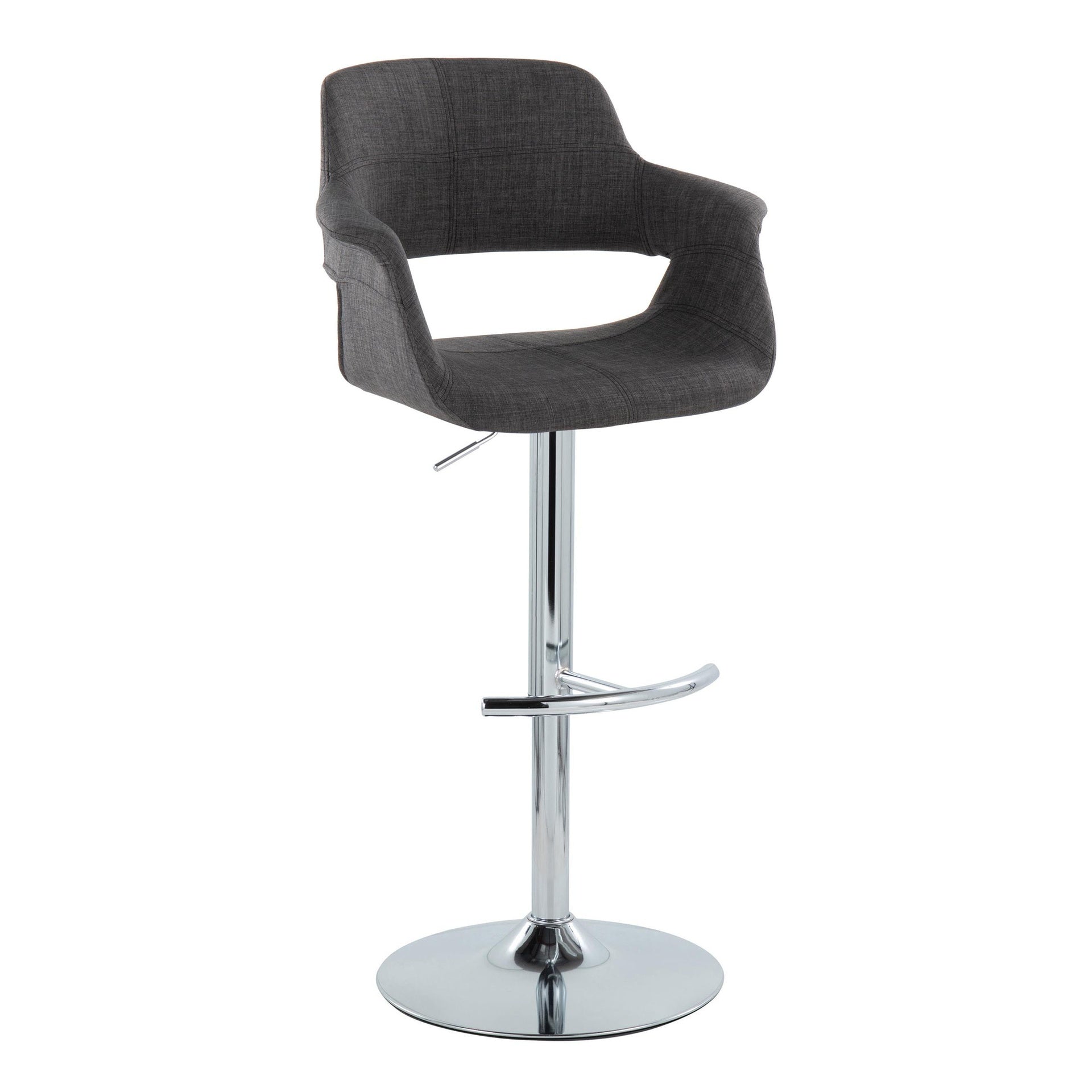Vintage Flair Mid-Century Modern Adjustable Barstool with Swivel in Chrome Metal and Charcoal Fabric with Rounded "T" Footrest by LumiSource - Set of 2