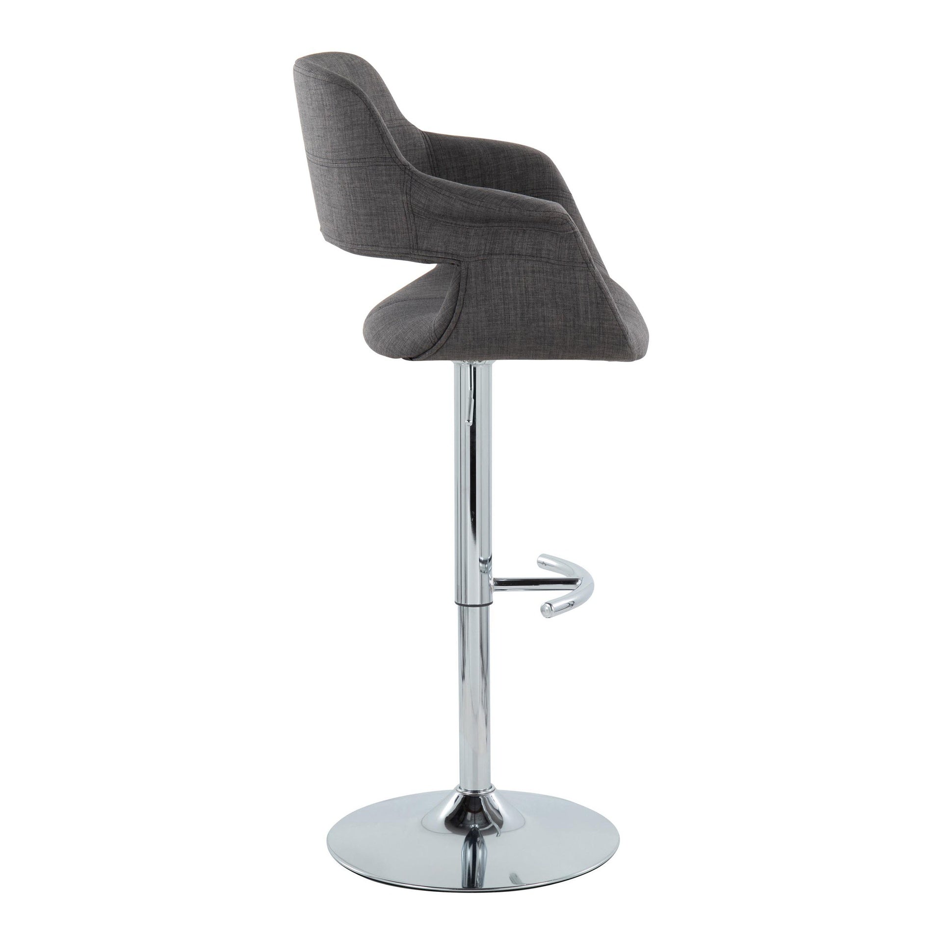Vintage Flair Mid-Century Modern Adjustable Barstool with Swivel in Chrome Metal and Charcoal Fabric with Rounded "T" Footrest by LumiSource - Set of 2