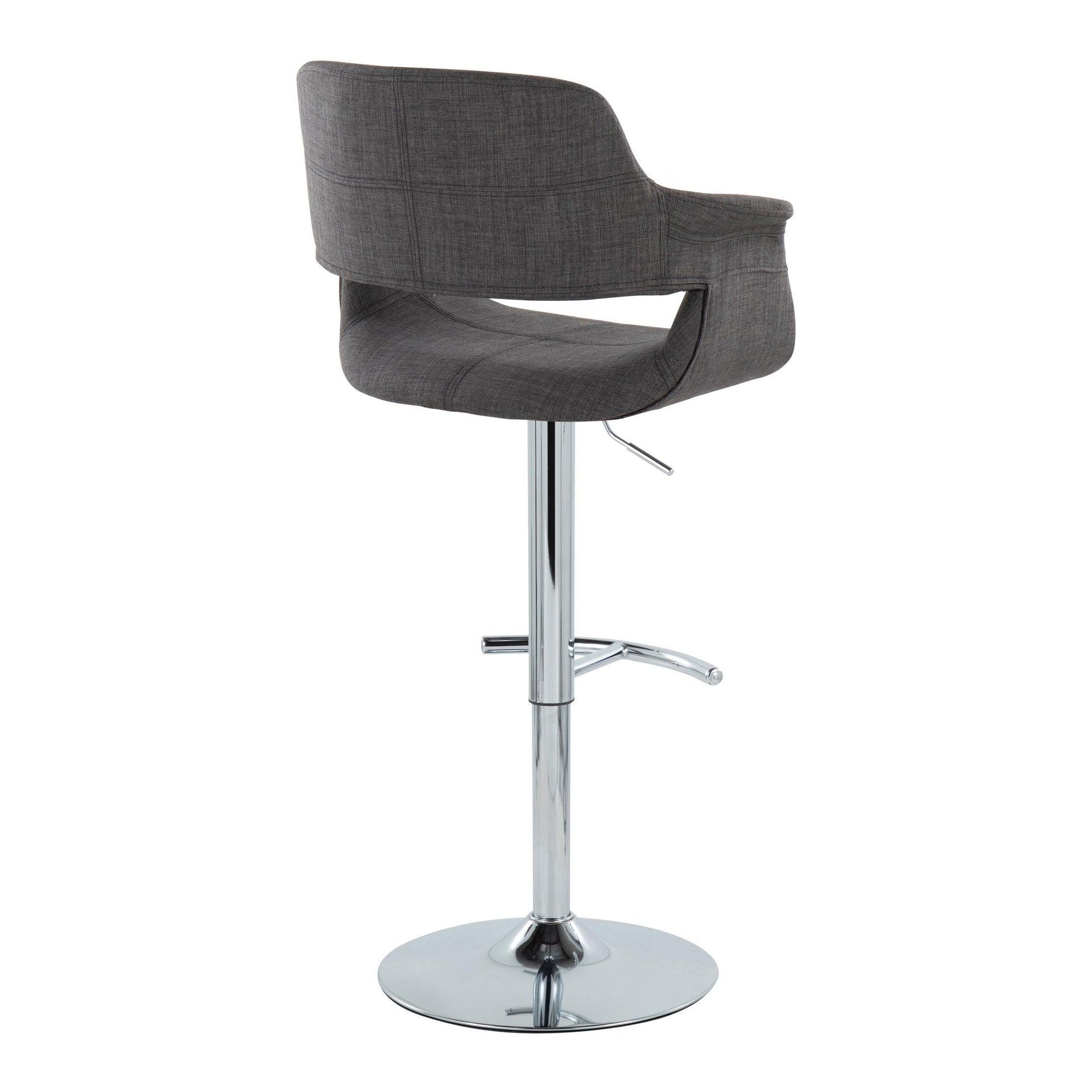 Vintage Flair Mid-Century Modern Adjustable Barstool with Swivel in Chrome Metal and Charcoal Fabric with Rounded "T" Footrest by LumiSource - Set of 2