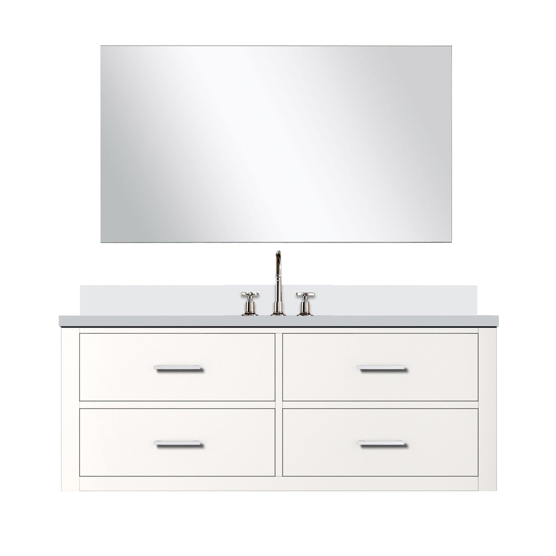 White Single Bath Vanity 48 in. W x 22 in. D, White Quartz Countertop, 43 in. Mirror and Faucet Set