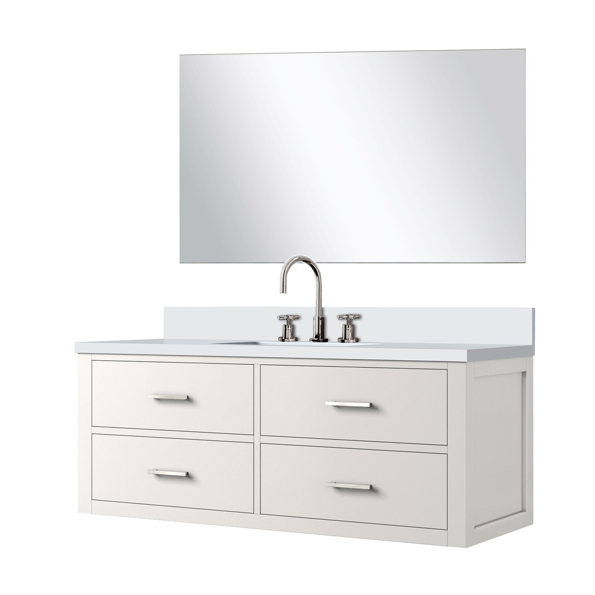 White Single Bath Vanity 48 in. W x 22 in. D, White Quartz Countertop, 43 in. Mirror and Faucet Set