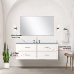 White Single Bath Vanity 48 in. W x 22 in. D, White Quartz Countertop, 43 in. Mirror and Faucet Set