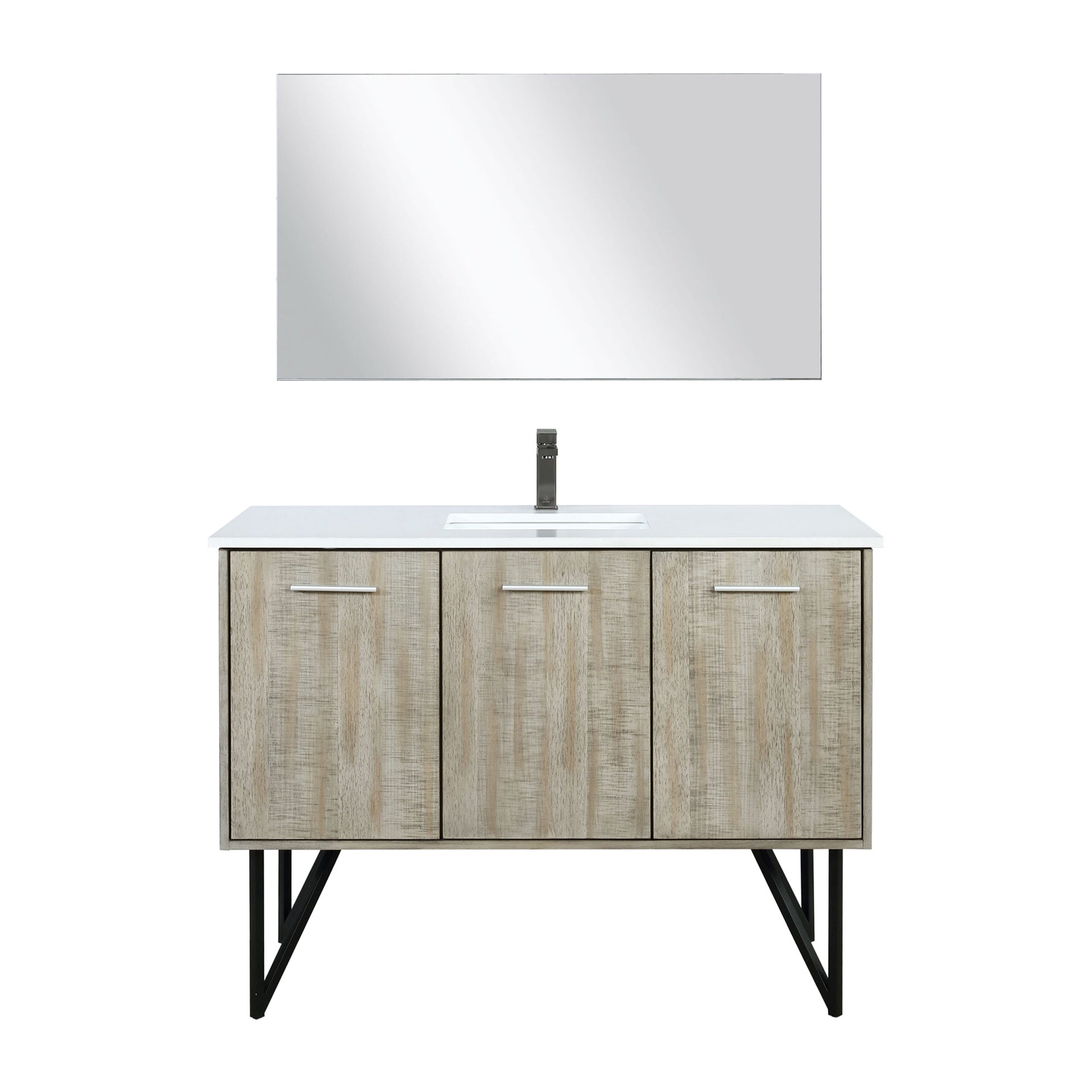 Rustic Acacia Bath Vanity 48 in. W x 20 in. D, White Quartz Top, Gun Metal Faucet Set and 43 in. Mirror