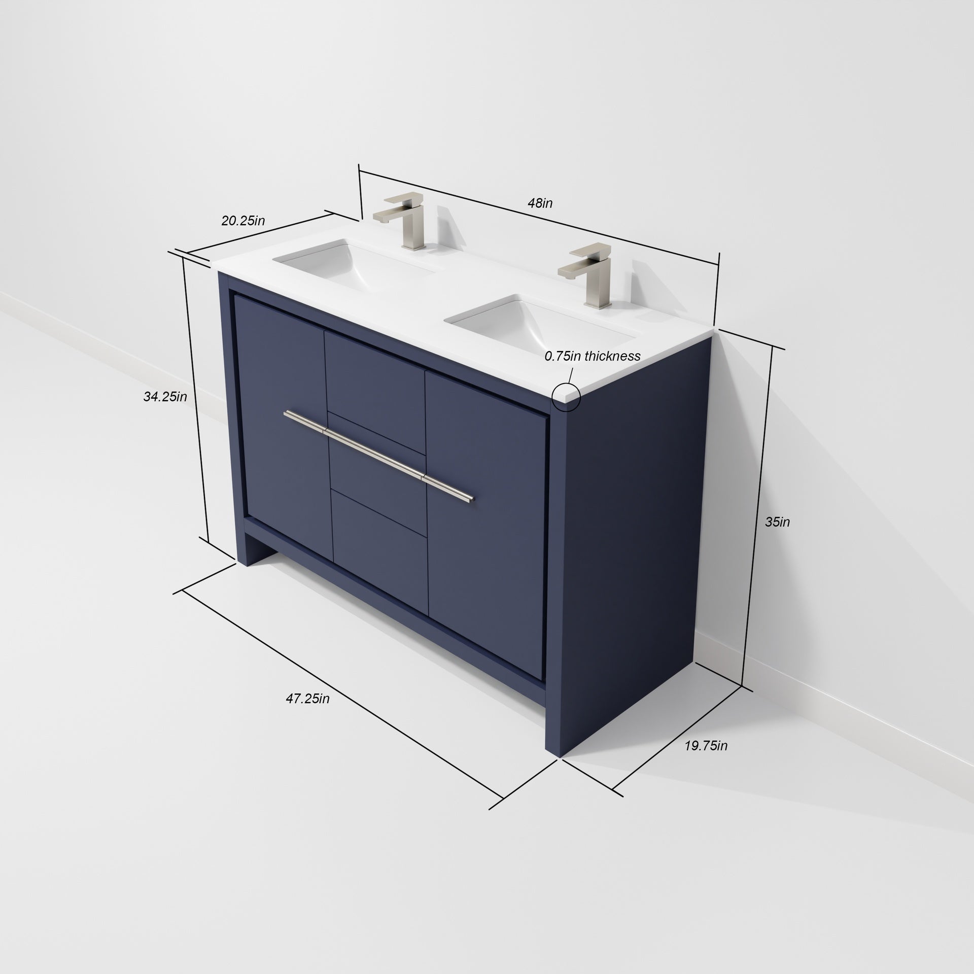 Navy Blue Double Bath Vanity 48 in. W x 20 in. D, Cultured Marble Top, Gun Metal Faucet Set and 43 in. Mirror