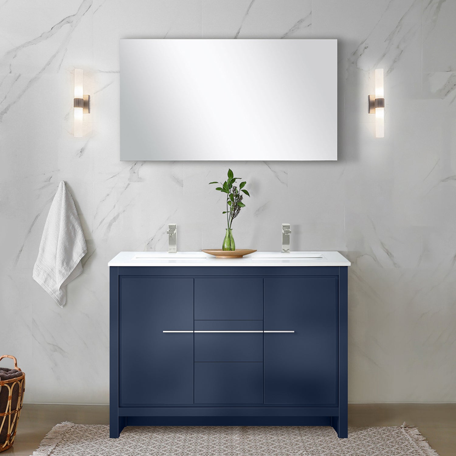 Navy Blue Double Bath Vanity 48 in. W x 20 in. D, Cultured Marble Top, Brushed Nickel Faucet Set and 43 in. Mirror