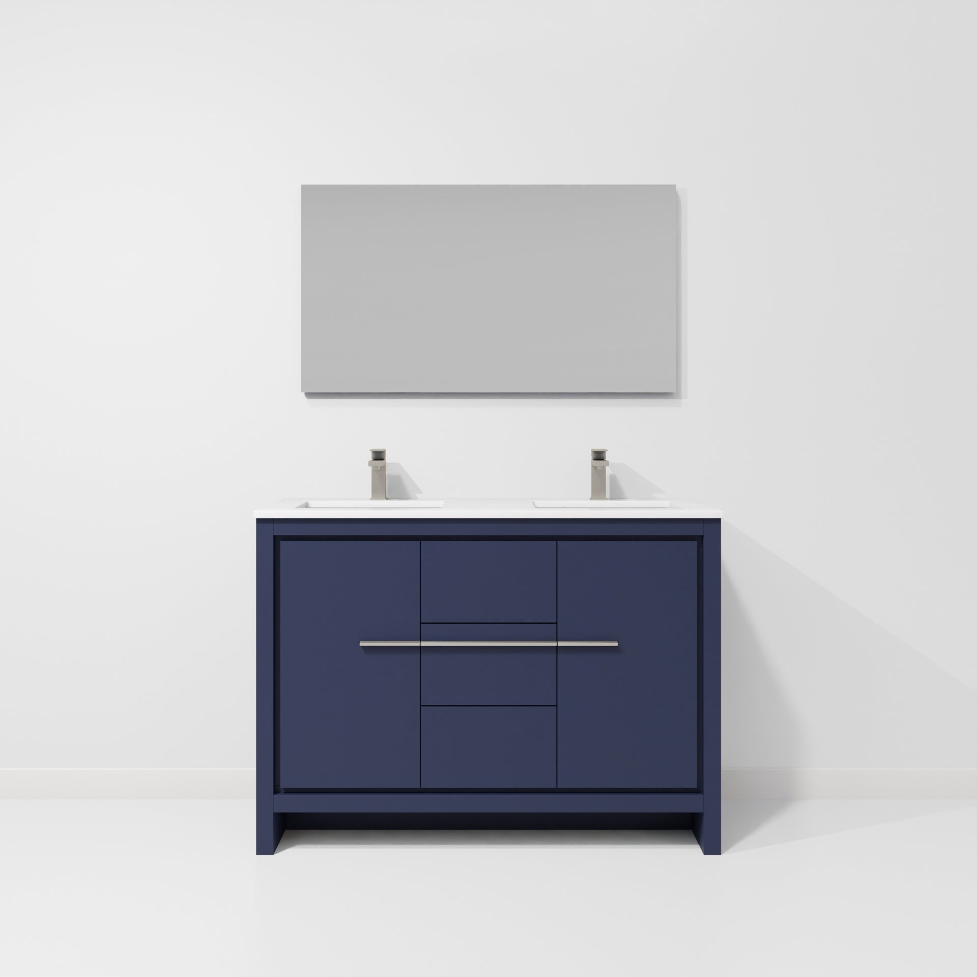 Navy Blue Double Bath Vanity 48 in. W x 20 in. D, White Quartz Top, Gun Metal Faucet Set and 43 in. Mirror