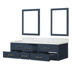Blue Double Bath Vanity 72 in. W x 22 in. D, Carrara Marble Top, and 34 in. Mirrors