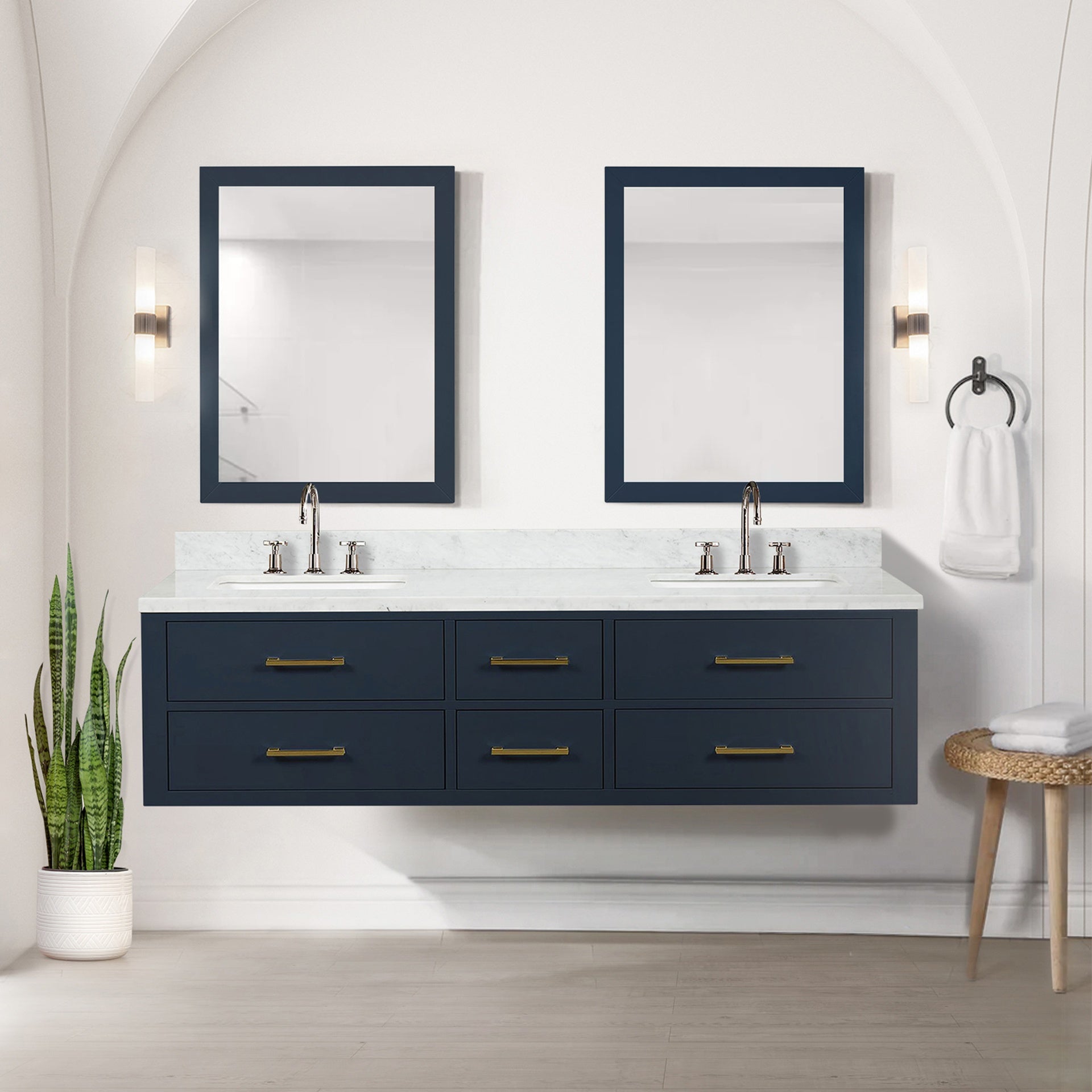 Blue Double Bath Vanity 72 in. W x 22 in. D, Carrara Marble Top, and 34 in. Mirrors