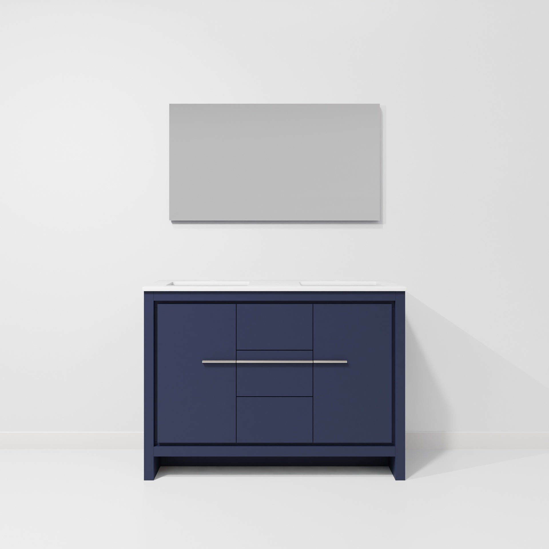 Navy Blue Double Bath Vanity 48 in. W x 20 in. D, White Quartz Top and 43 in. Mirror